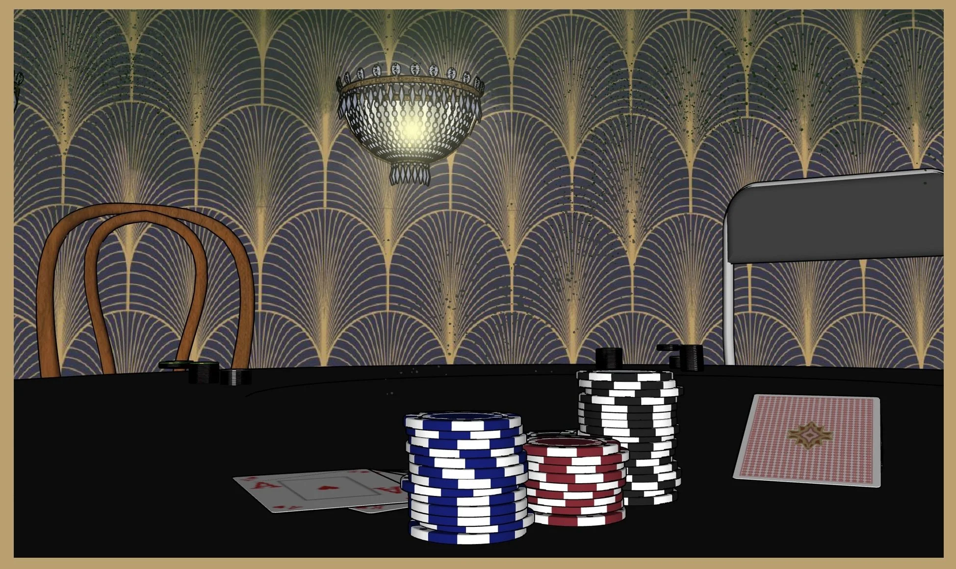 A 'Sketch Visual' for a theoretical redesign of 'Funland', a BBC drama based in Blackpool. Rough concept art for the poker room, created in SketchUp and Photoshop, using assets from the 3D Warehouse. 