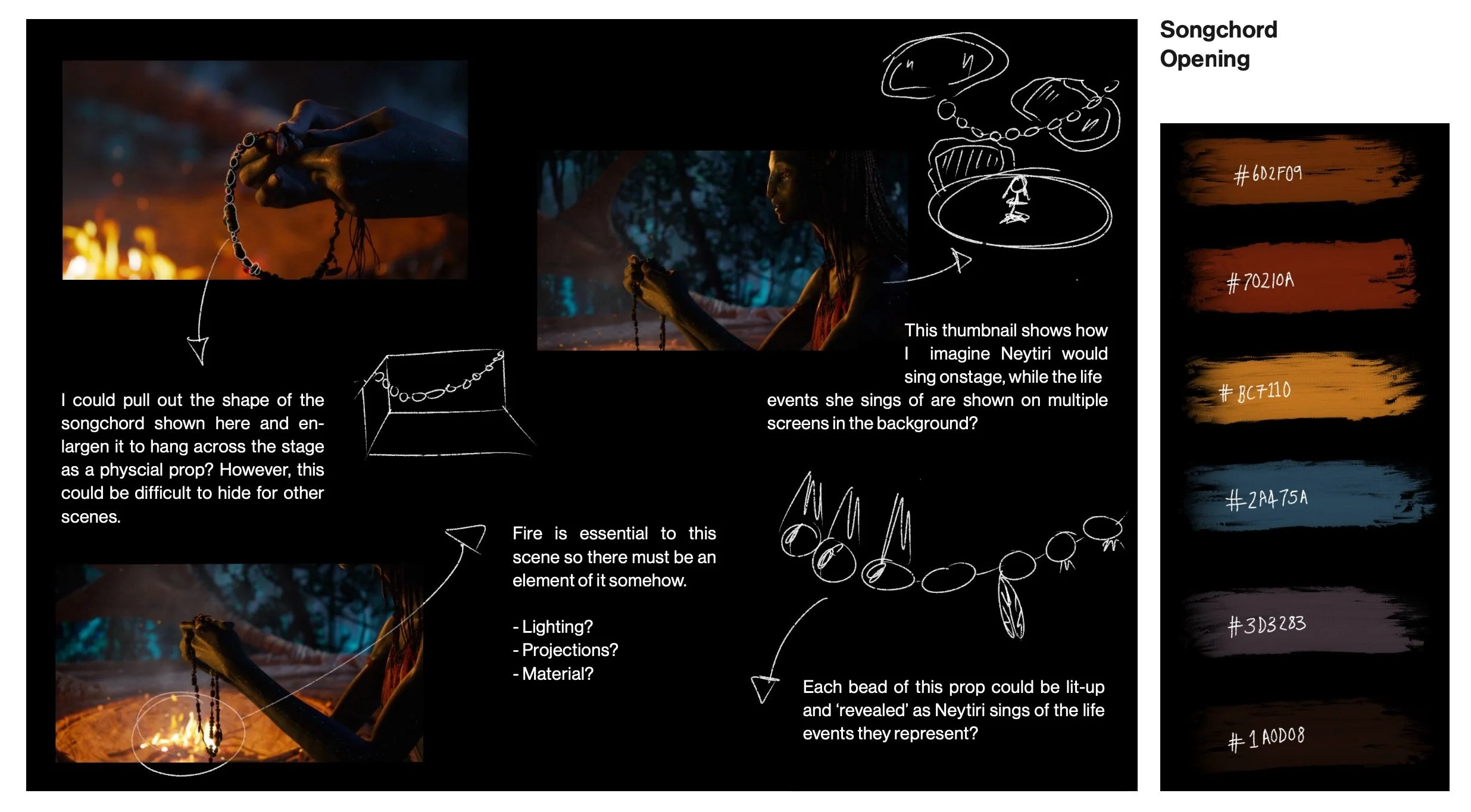 Visual research and thumbnail development board of ‘Songchord Opening’, for my 'Avatar: The Way of Water' stage design concept. 