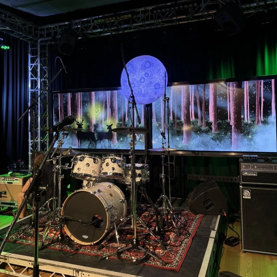 Stage design including props, graphics and lighting for 'Velvet's debut gig, on a £0 budget. Created in collaboration with designers Lettie Scott and Emma Fielding. 