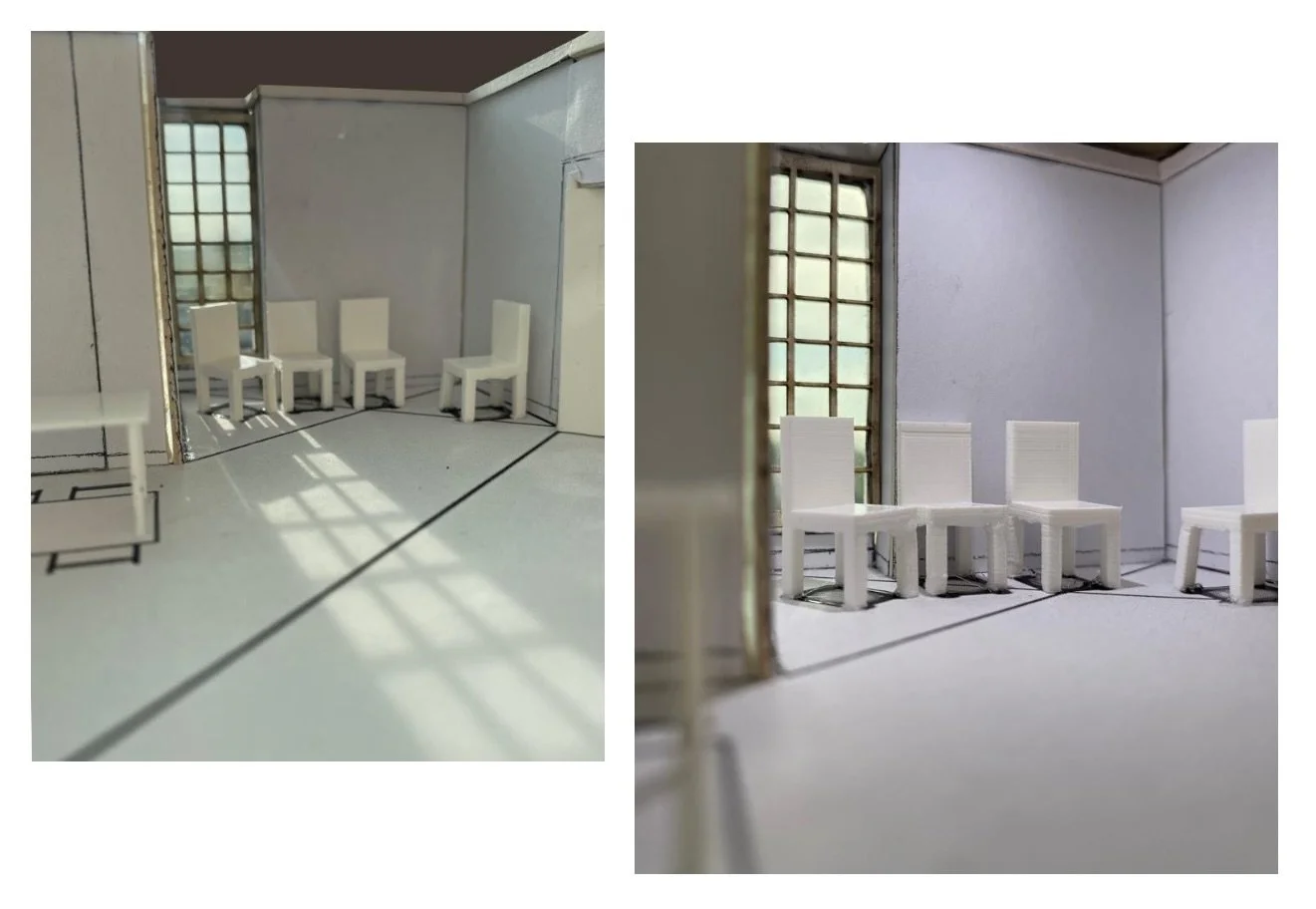 1:50 scale white card model for 'The Fantastic Mr Ripley' police station inc. interrogation room concept. 