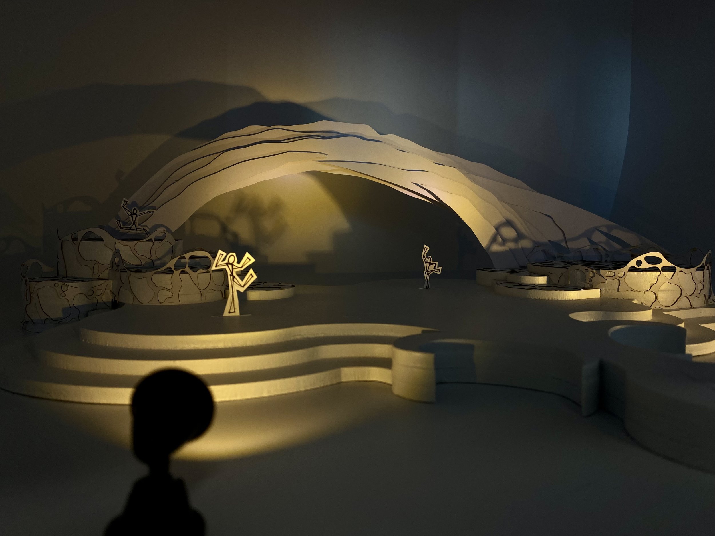 1:50 scale white card model, with proposed lighting design, illustrating my stage design for 'Avatar: Live', a live performance concept based on The Way of Water. 