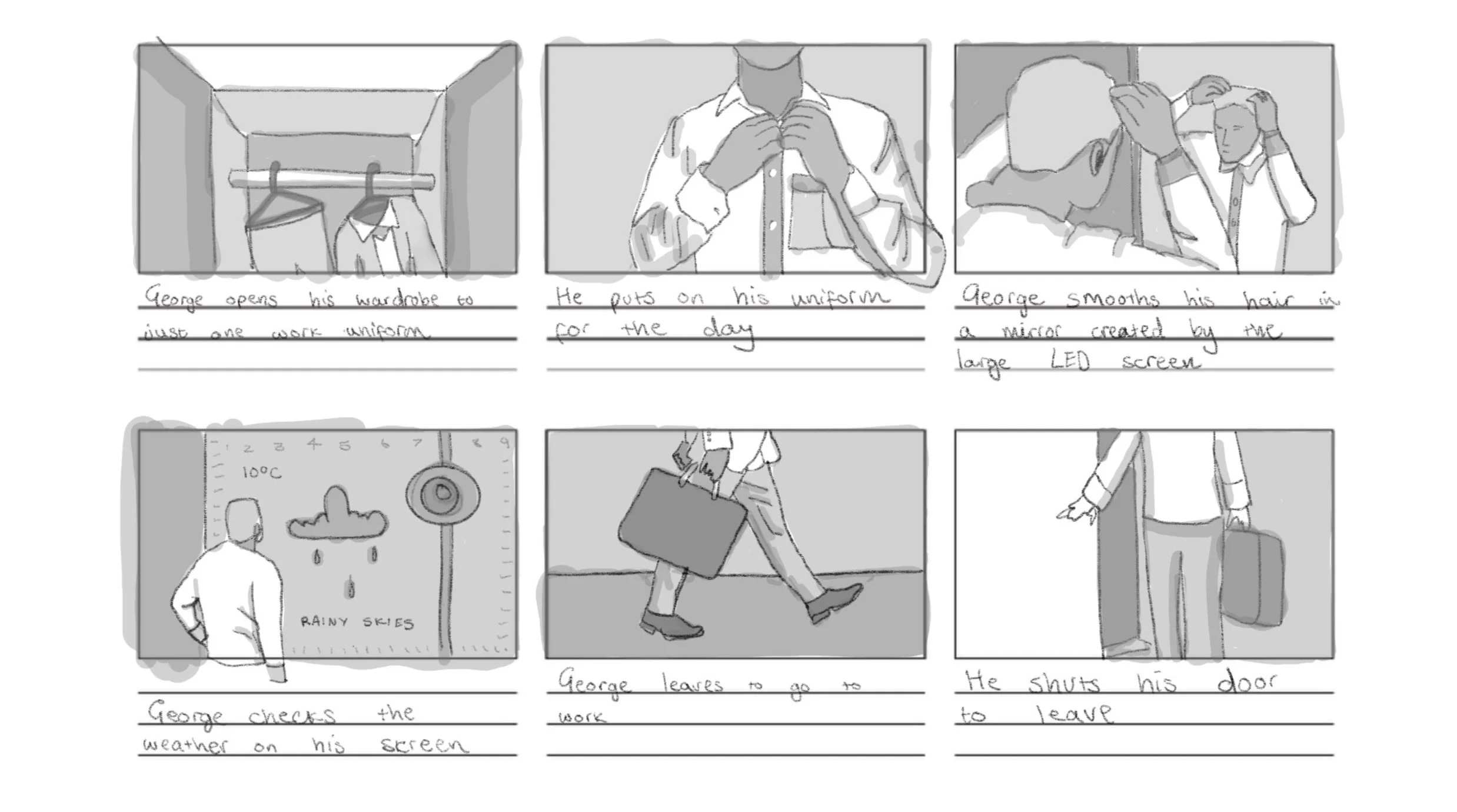 Opening storyboard sequence for 'Mr Jefferson', based on the original short story by Holly McNamee. Conceptual development for a dystopian short film adaptation.