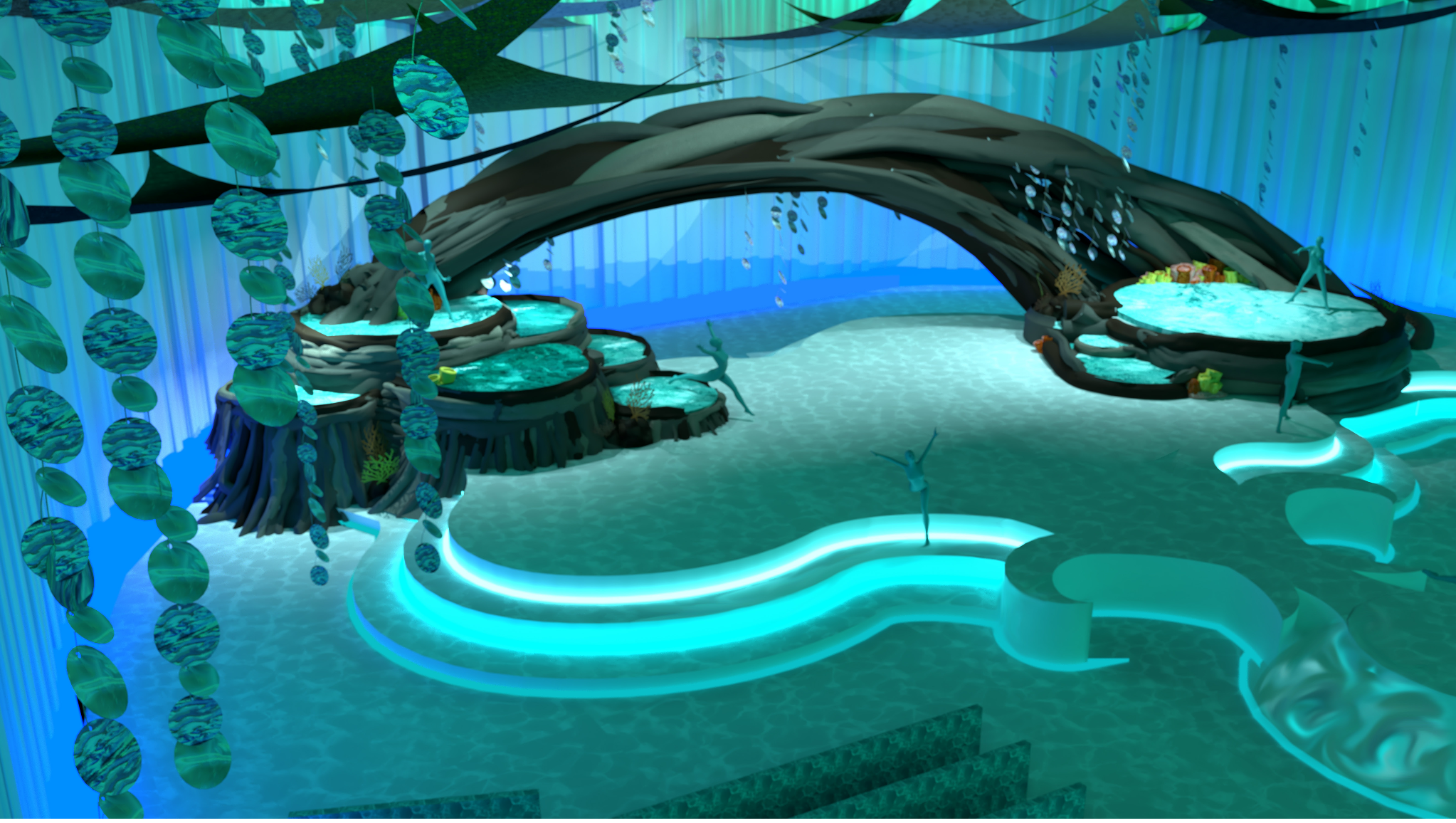 Final render for 'Into The Water', one scene in a stage concept for 'Avatar: The Way of Water'. Designed on SketchUp, rendered using V-Ray. 