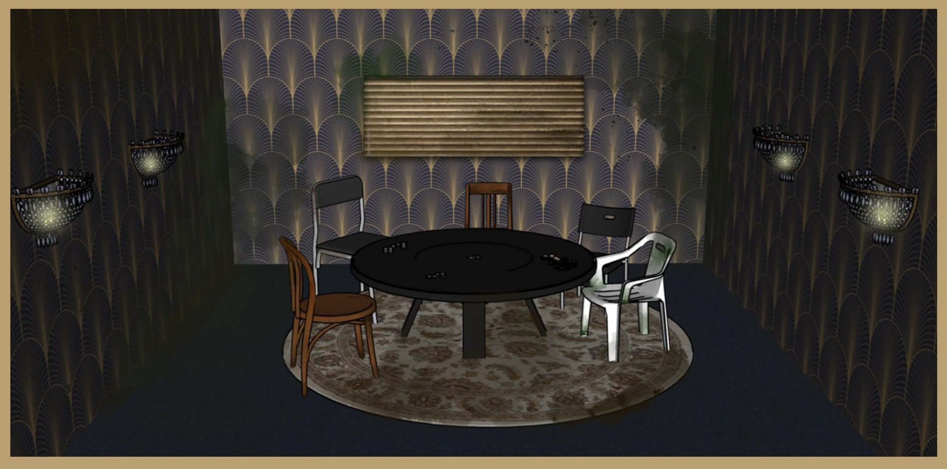 A 'Sketch Visual' for a theoretical redesign of 'Funland', a BBC drama based in Blackpool. Rough concept art for the poker room, created in SketchUp and Photoshop, using assets from the 3D Warehouse. 