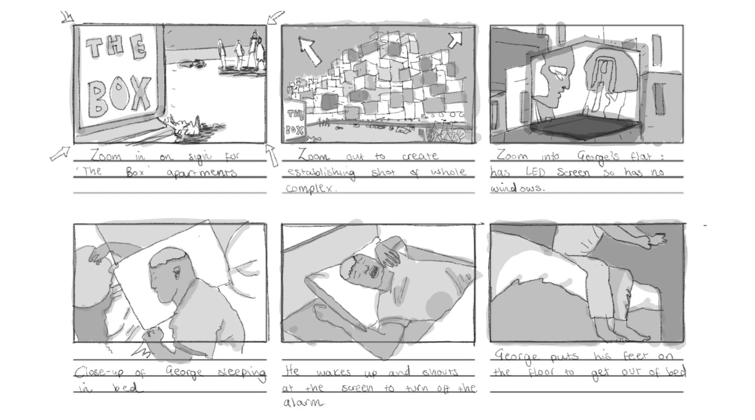 Opening storyboard sequence for 'Mr Jefferson', based on the original short story by Holly McNamee. Conceptual development for a dystopian short film adaptation.