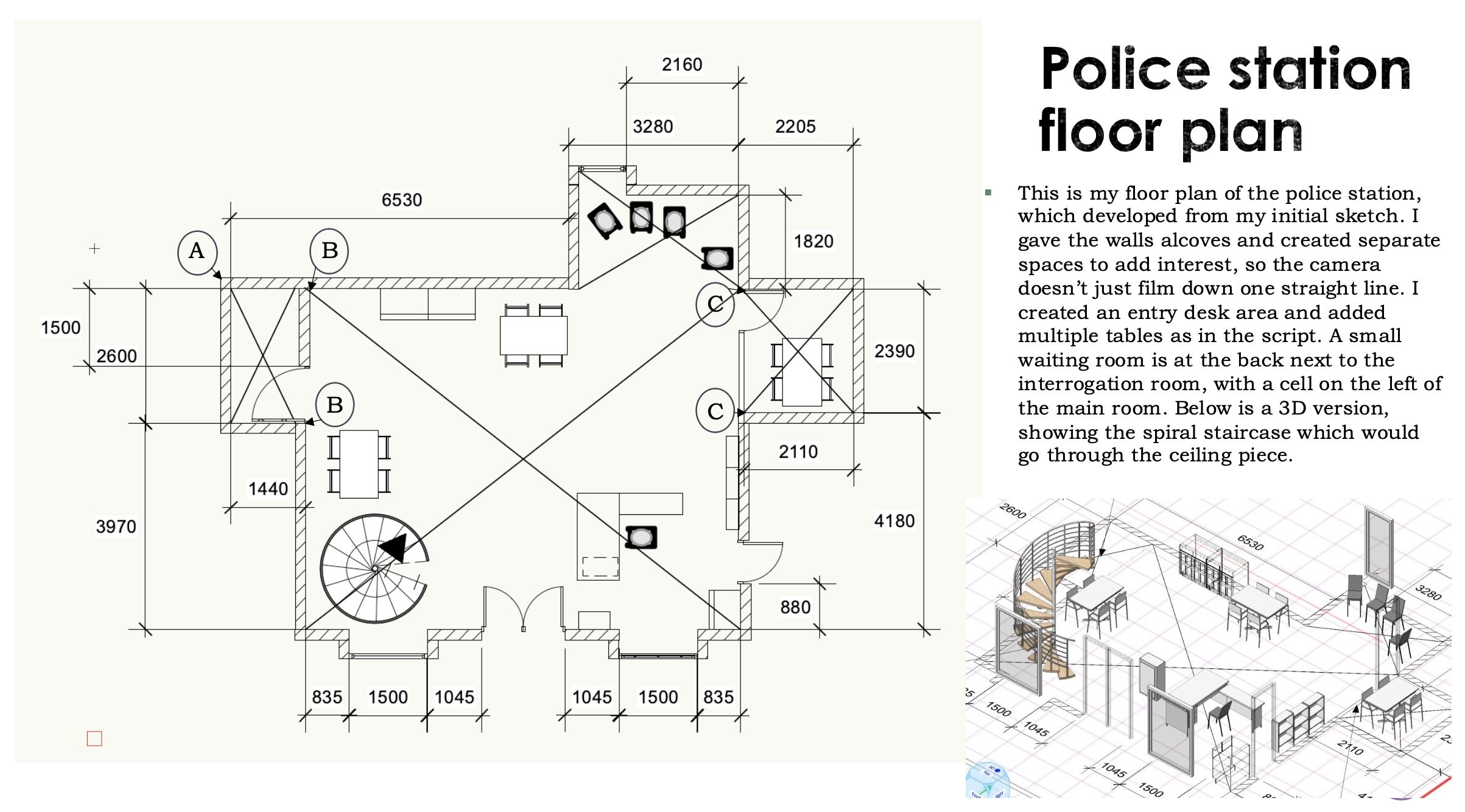Police station floor plan for a theoretical concept design of 'The Talented Mr Ripley', 1999. Made in VectorWorks. 