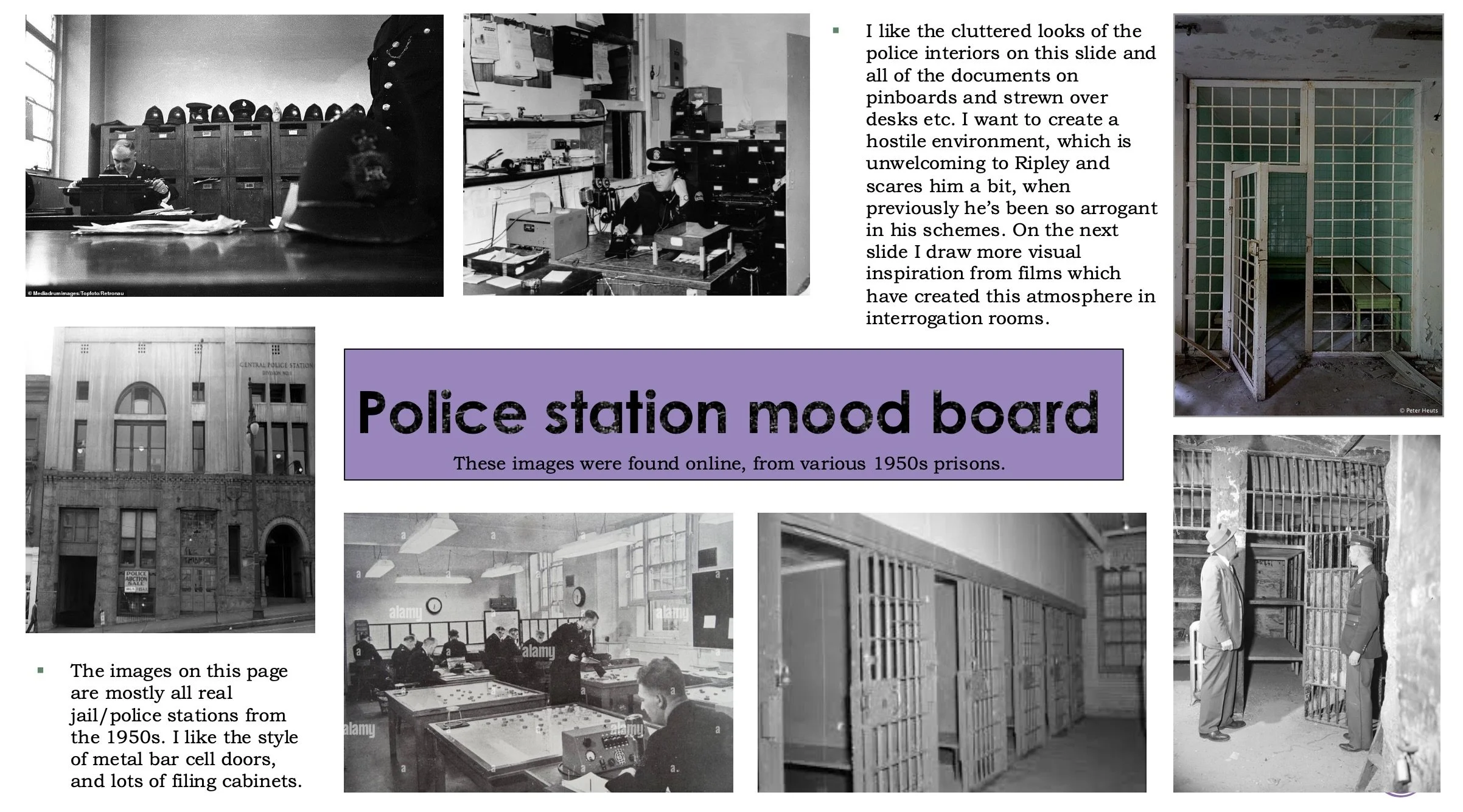 Mood board for a 1950s Italian police station studio set concept. 