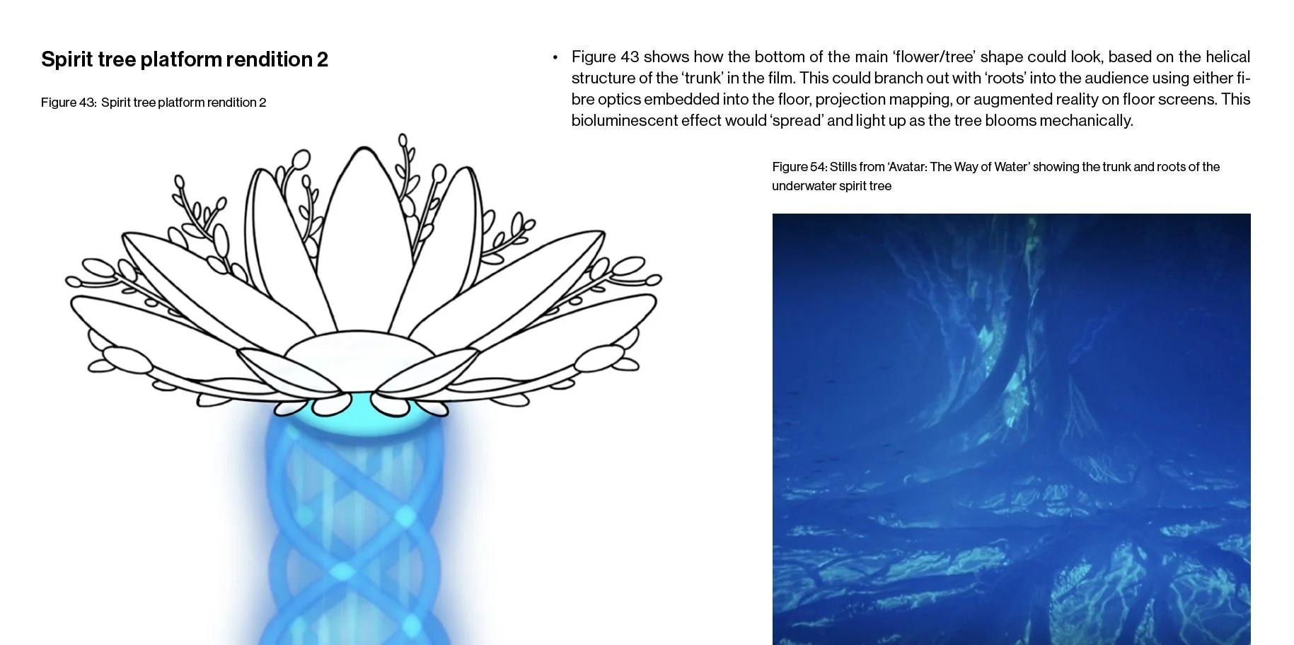 A design board exploring ideas for a giant mechanical flower fixture, for a stage performance based on the 'Avatar' franchise