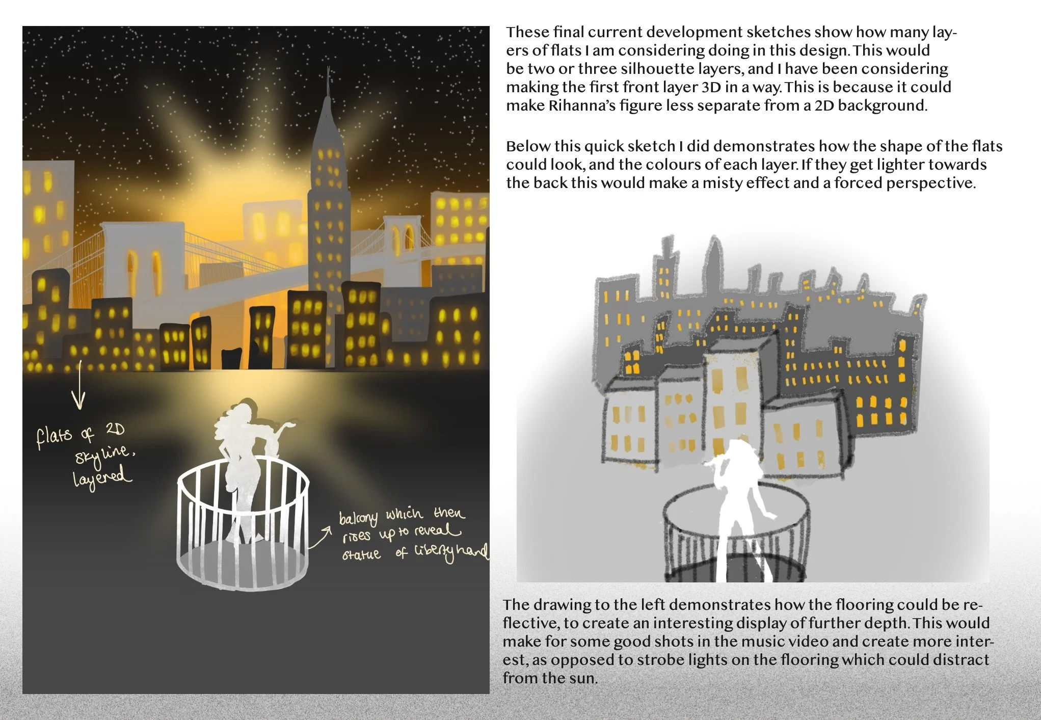 Initial sketching and concept ideation for 'Higher', a music video studio set design.  