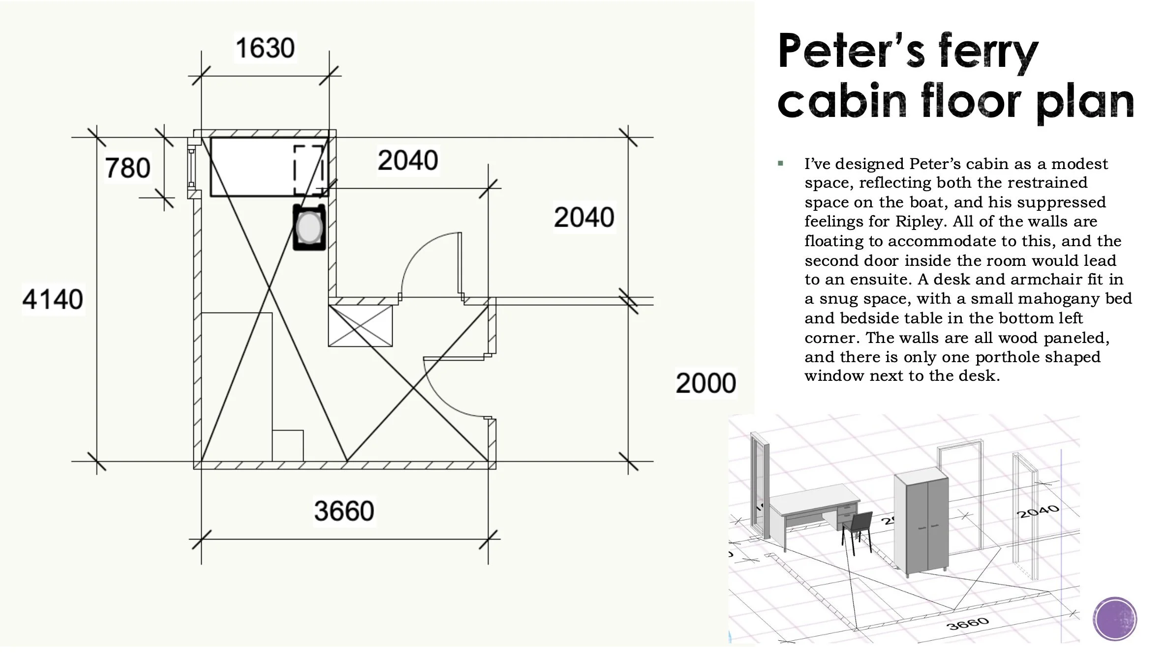 Peter's ferry cabin floor plan for a theoretical concept design of 'The Talented Mr Ripley', 1999. Made in VectorWorks. 