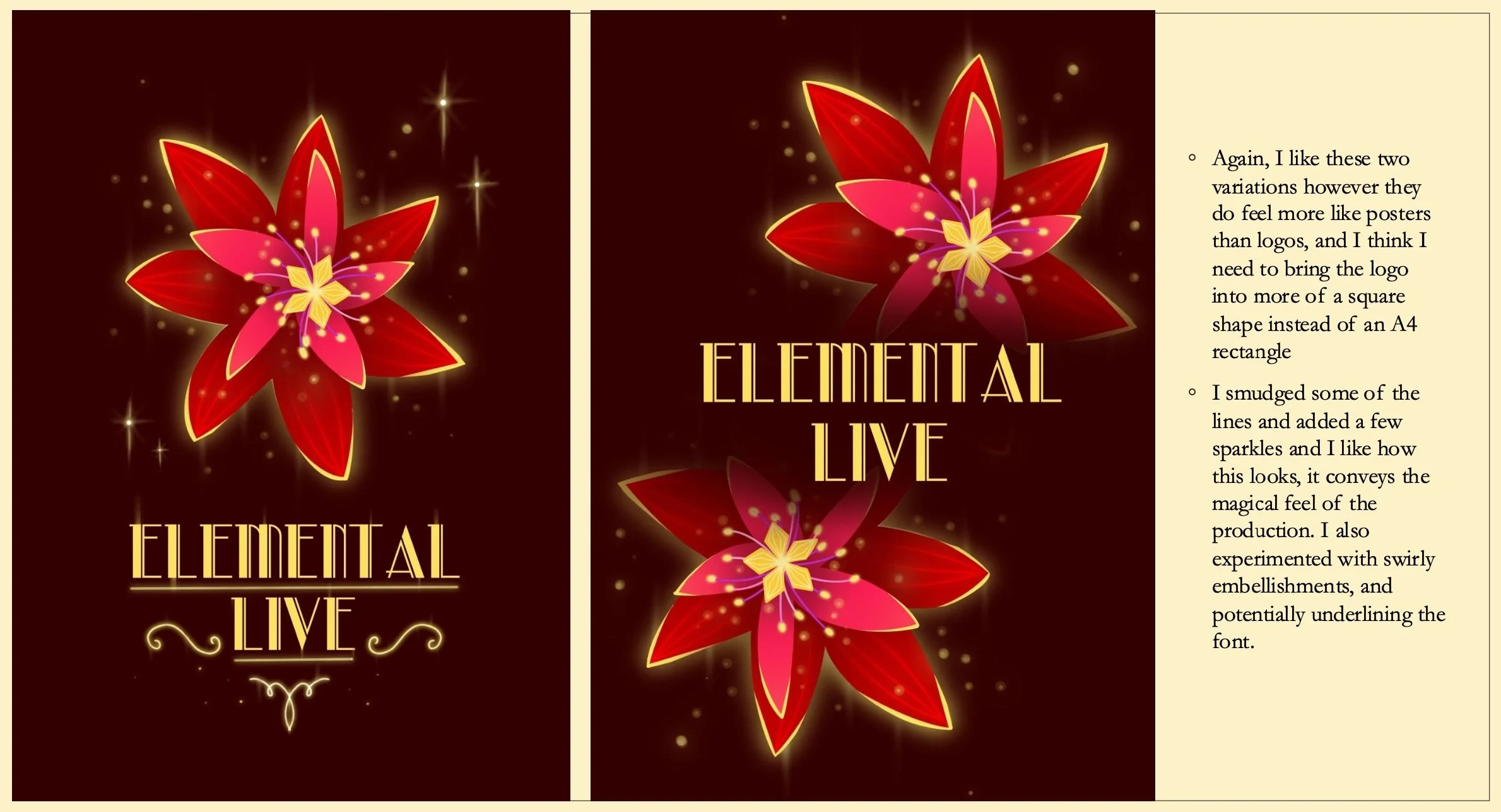 Experimental logo/poster designs for 'Elemental Live!', a theatrical concept based on the 2022 Disney film. 