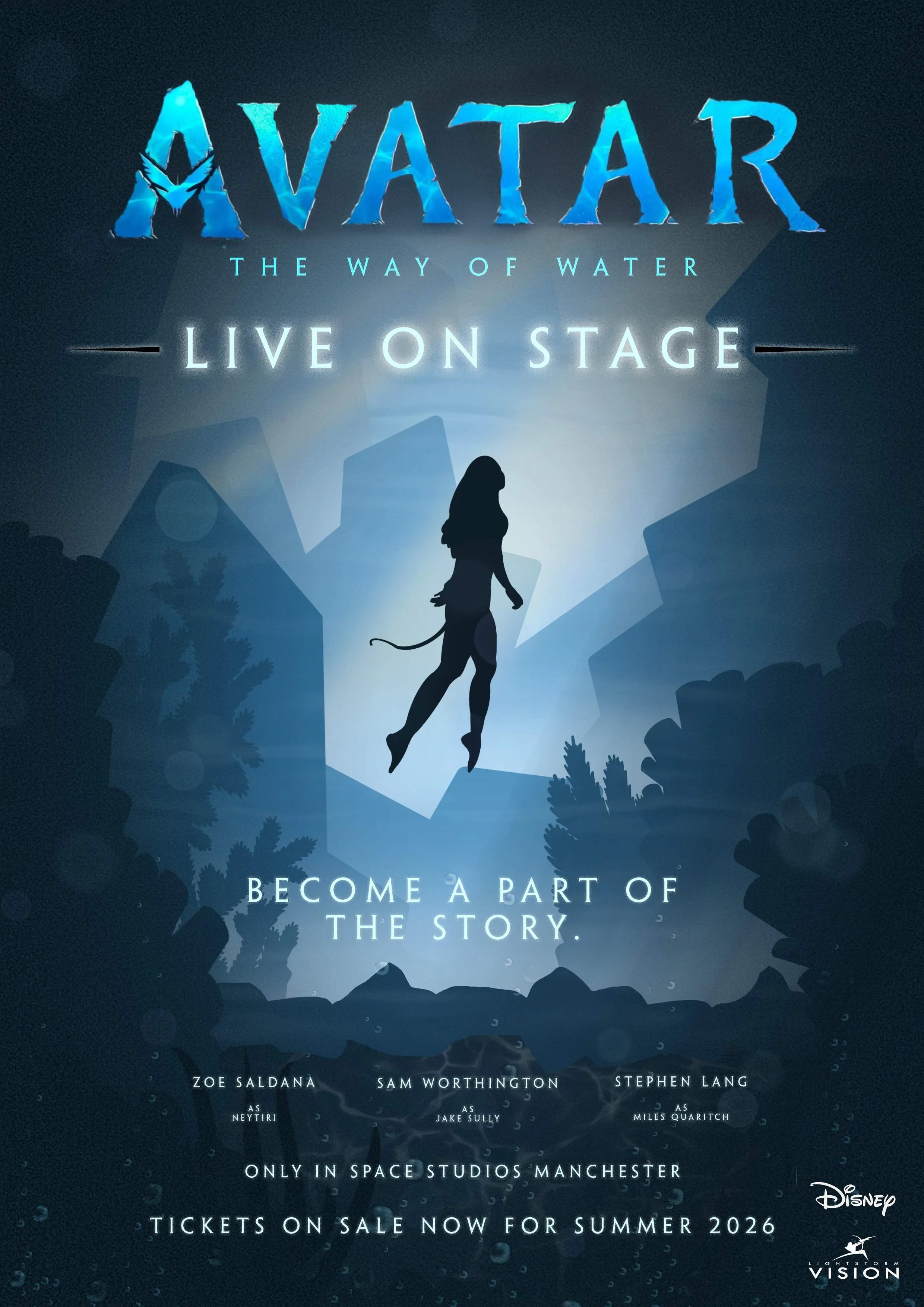 Poster design concept for a live stage performance based on 'Avatar: The Way of Water'. Original film logo used, edited but not designed by me. 