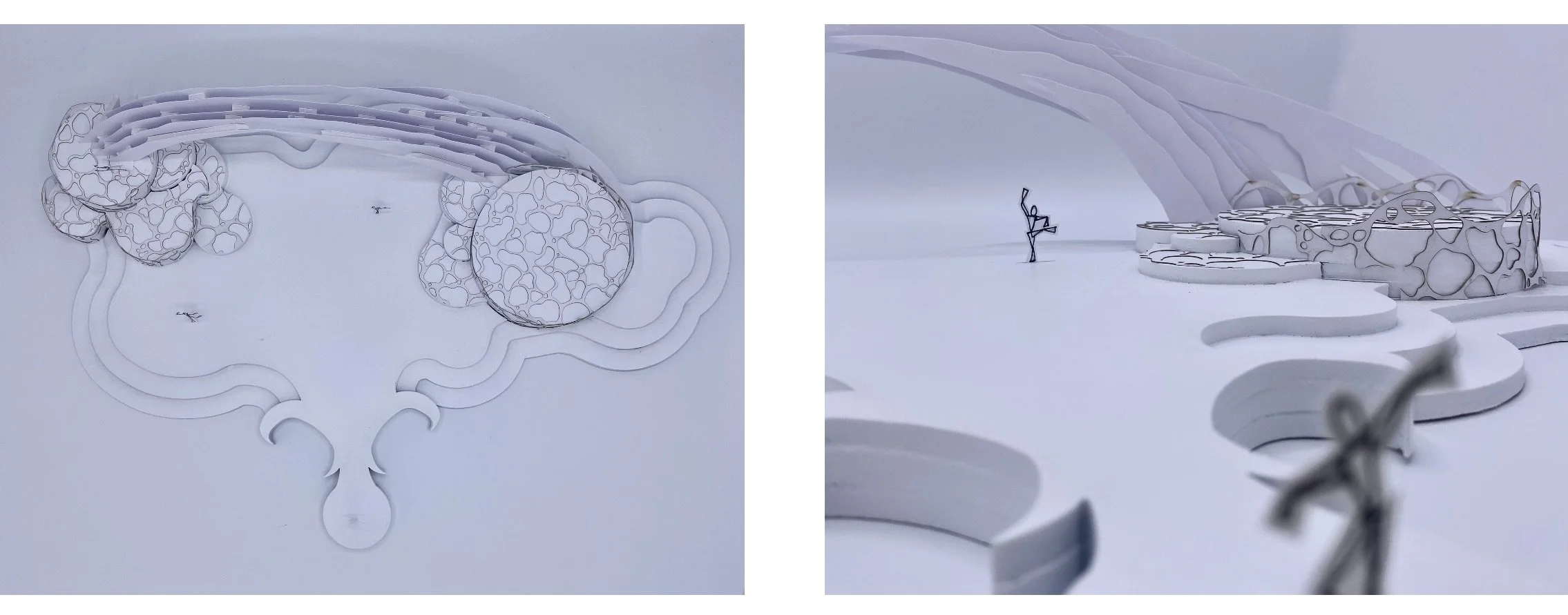 1:50 scale white card model illustrating my stage design for 'Avatar: Live', a live performance concept based on The Way of Water. 