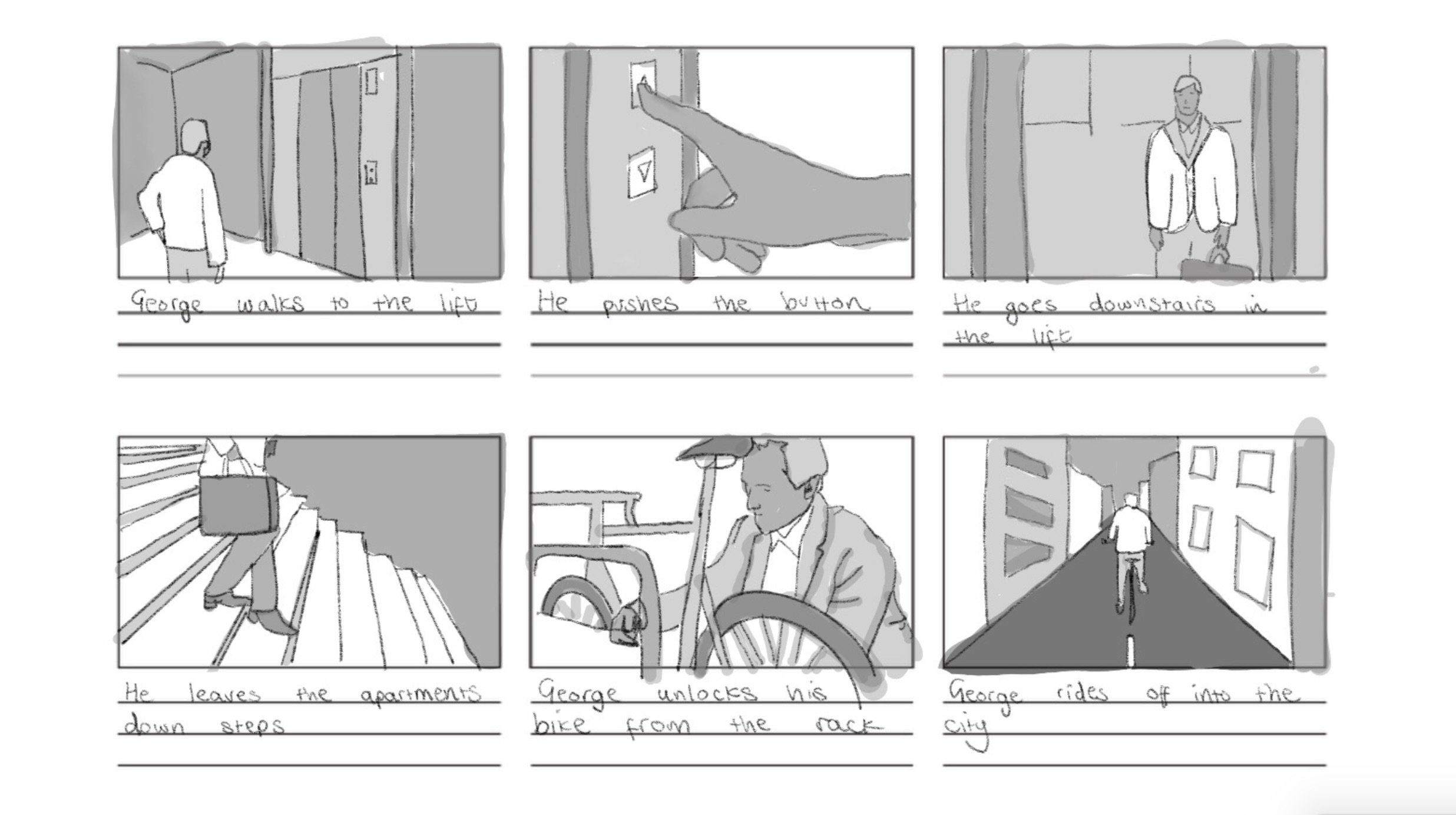 Opening storyboard sequence for 'Mr Jefferson', based on the original short story by Holly McNamee. Conceptual development for a dystopian short film adaptation.