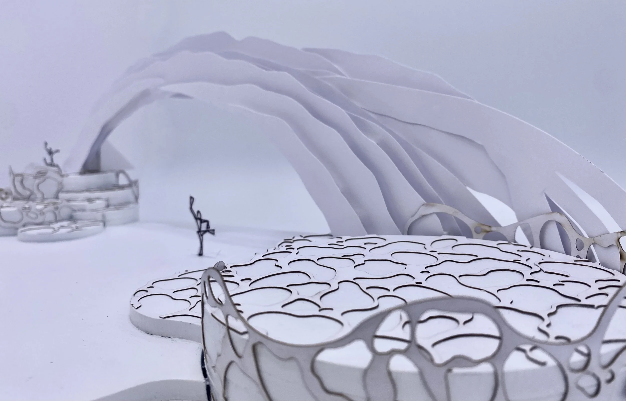 1:50 scale white card model illustrating my stage design for 'Avatar: Live', a live performance concept based on The Way of Water. 