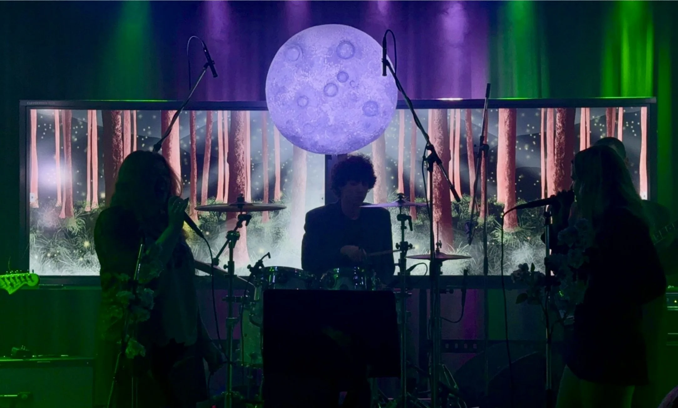 Stage design including props, graphics and lighting for 'Velvet's debut gig, on a £0 budget. Created in collaboration with designers Lettie Scott and Emma Fielding. 
