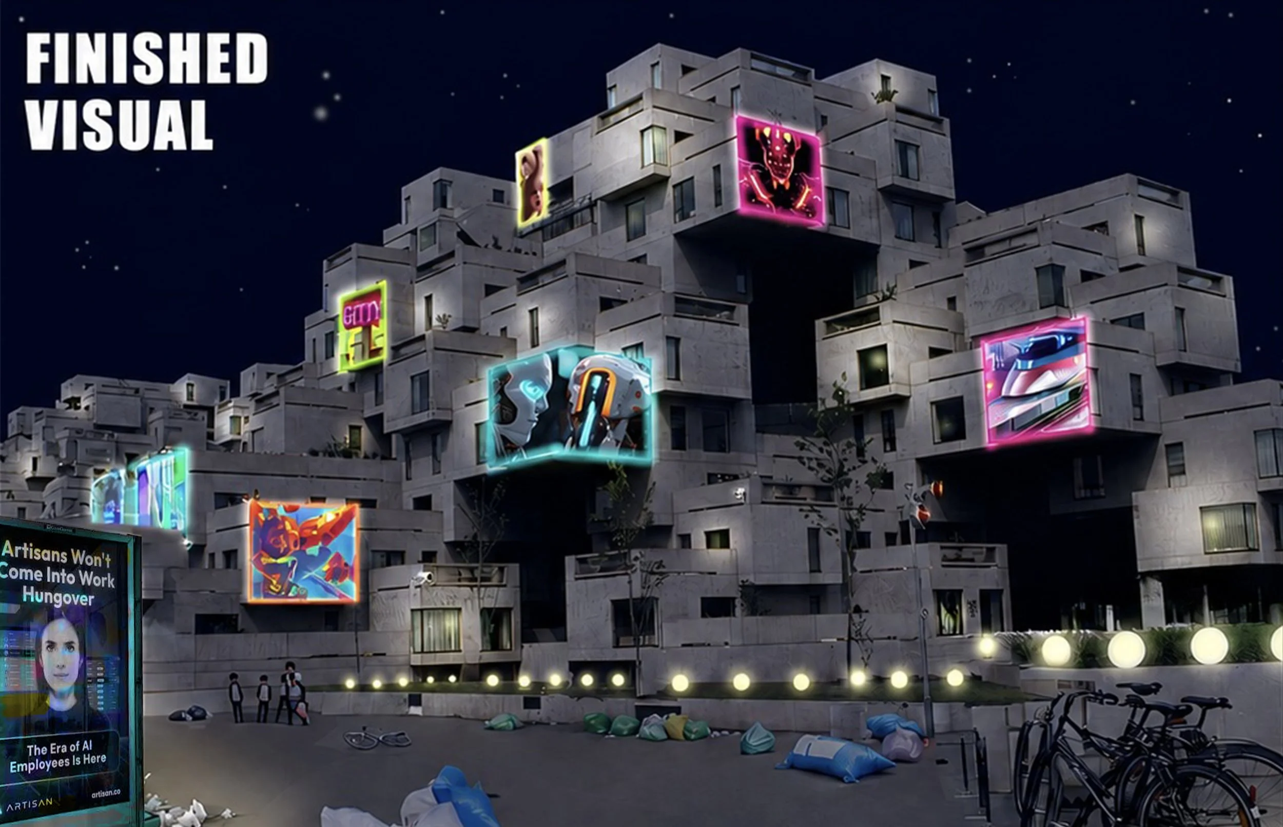 Location scouting and visual creation using PhotoShop for 'Mr Jefferson' short film, based on the iconic Habitat 67, reimagined in a dystopian future. Generative fill used for dressing details, as guided by tutors. 