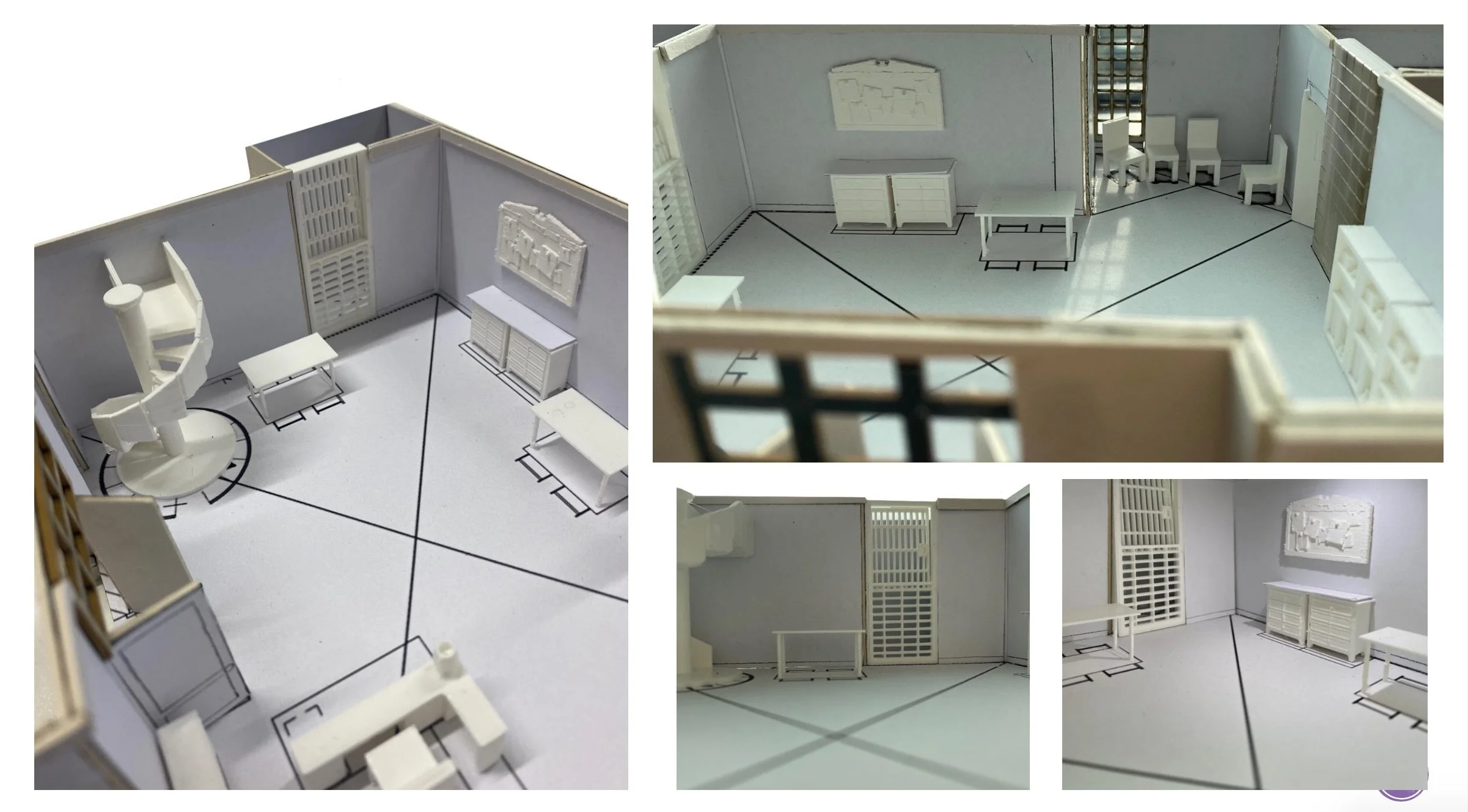 1:50 scale white card model for 'The Fantastic Mr Ripley' police station inc. interrogation room concept. 