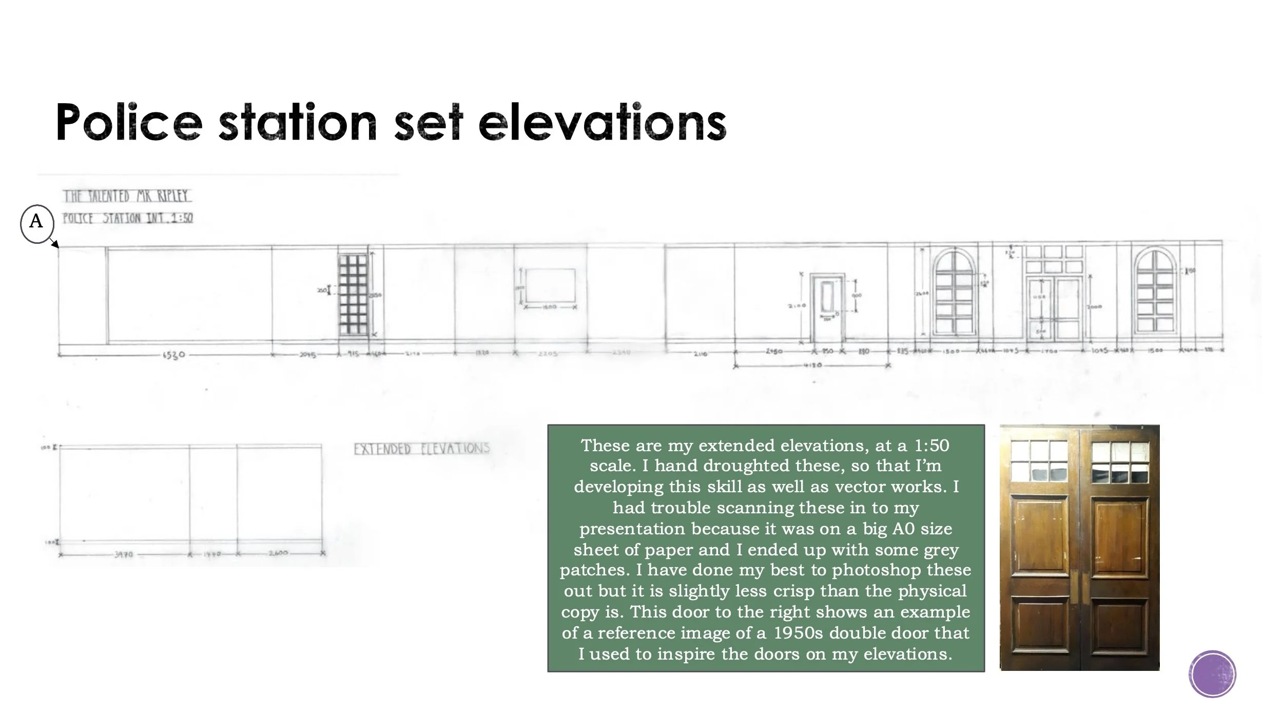 Hand draughting elevations for my police station concept design based on 'The Talented Mr Ripley', 1999.