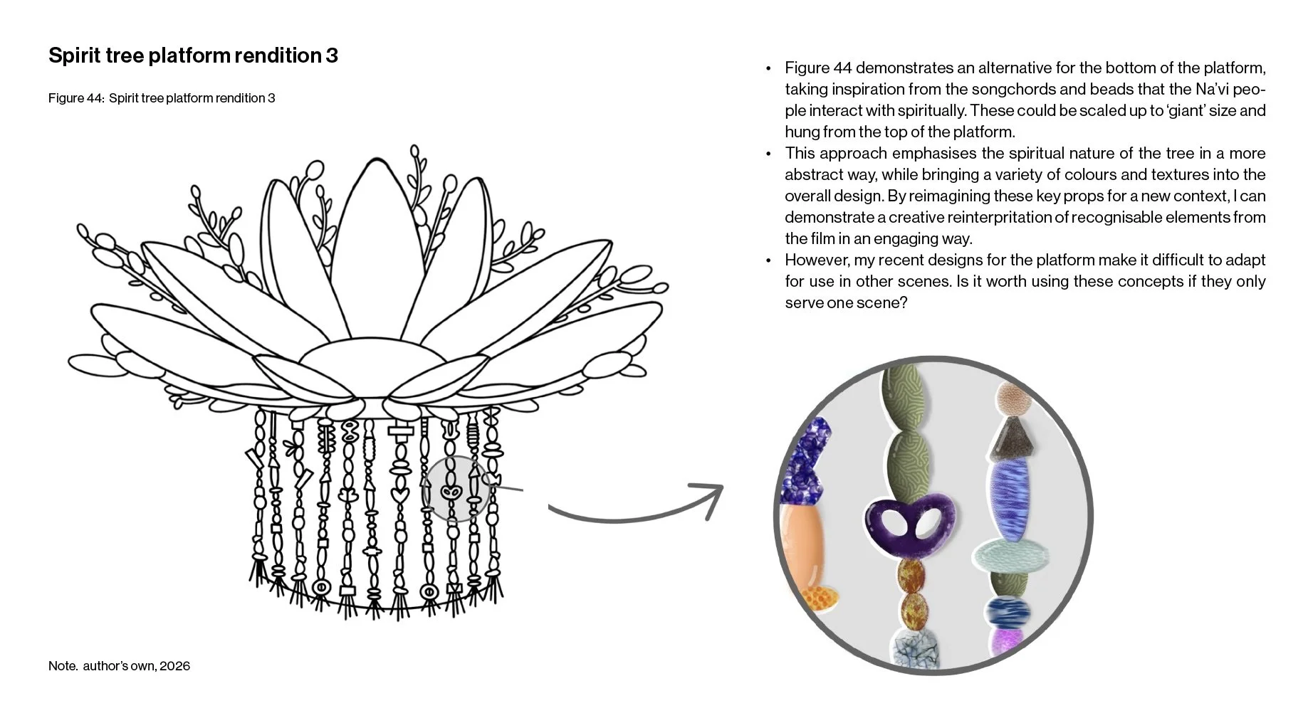 A design board exploring ideas for a giant mechanical flower fixture, for a stage performance based on the 'Avatar' franchise