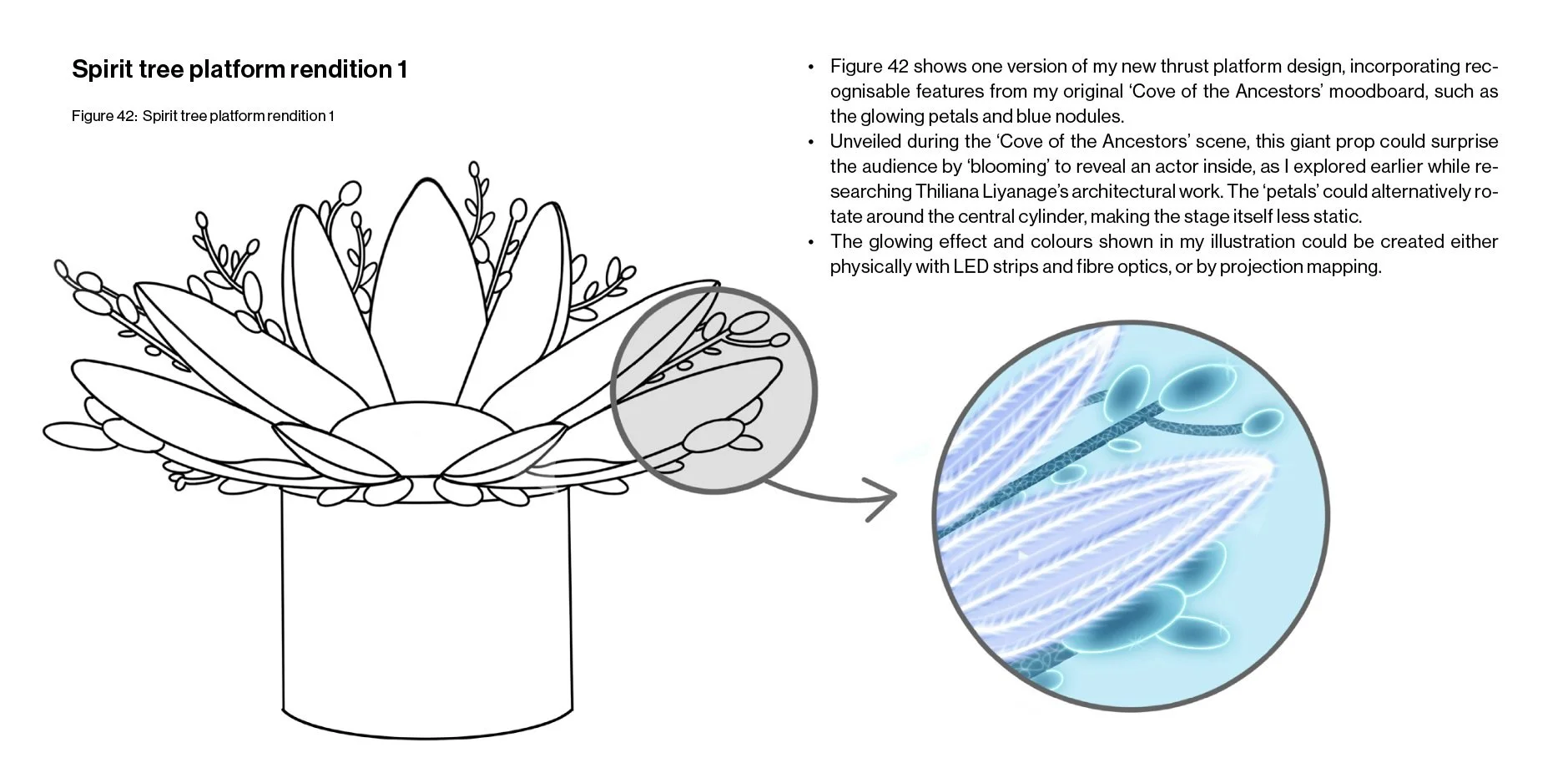 A design board exploring ideas for a giant mechanical flower fixture, for a stage performance based on the 'Avatar' franchise