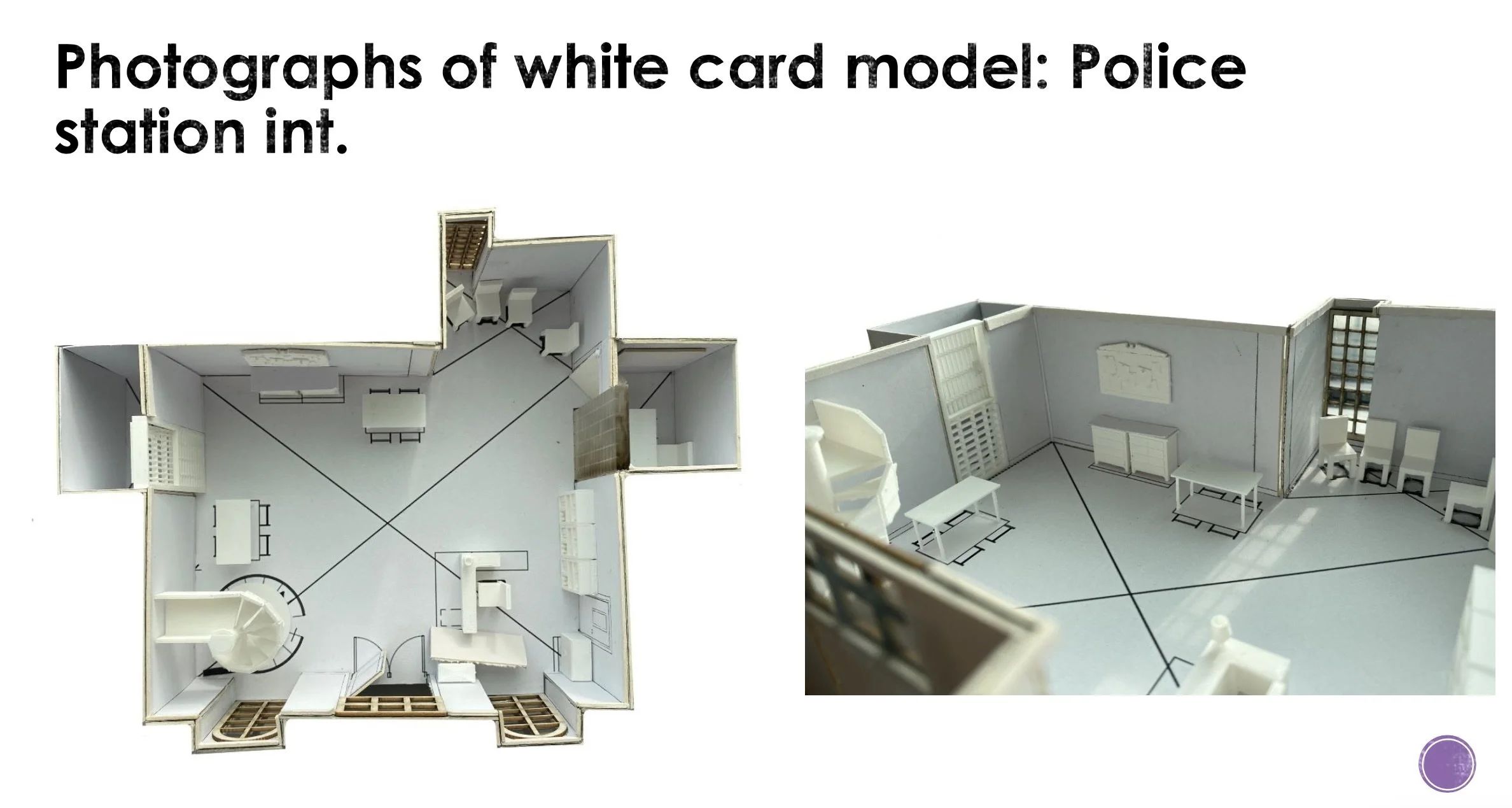 1:50 scale white card model for 'The Fantastic Mr Ripley' police station inc. interrogation room concept. 