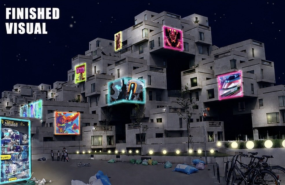 Concept art for 'Mr Jefferson' apartment exterior, based on the iconic Habitat 67 and edited using Photoshop. 