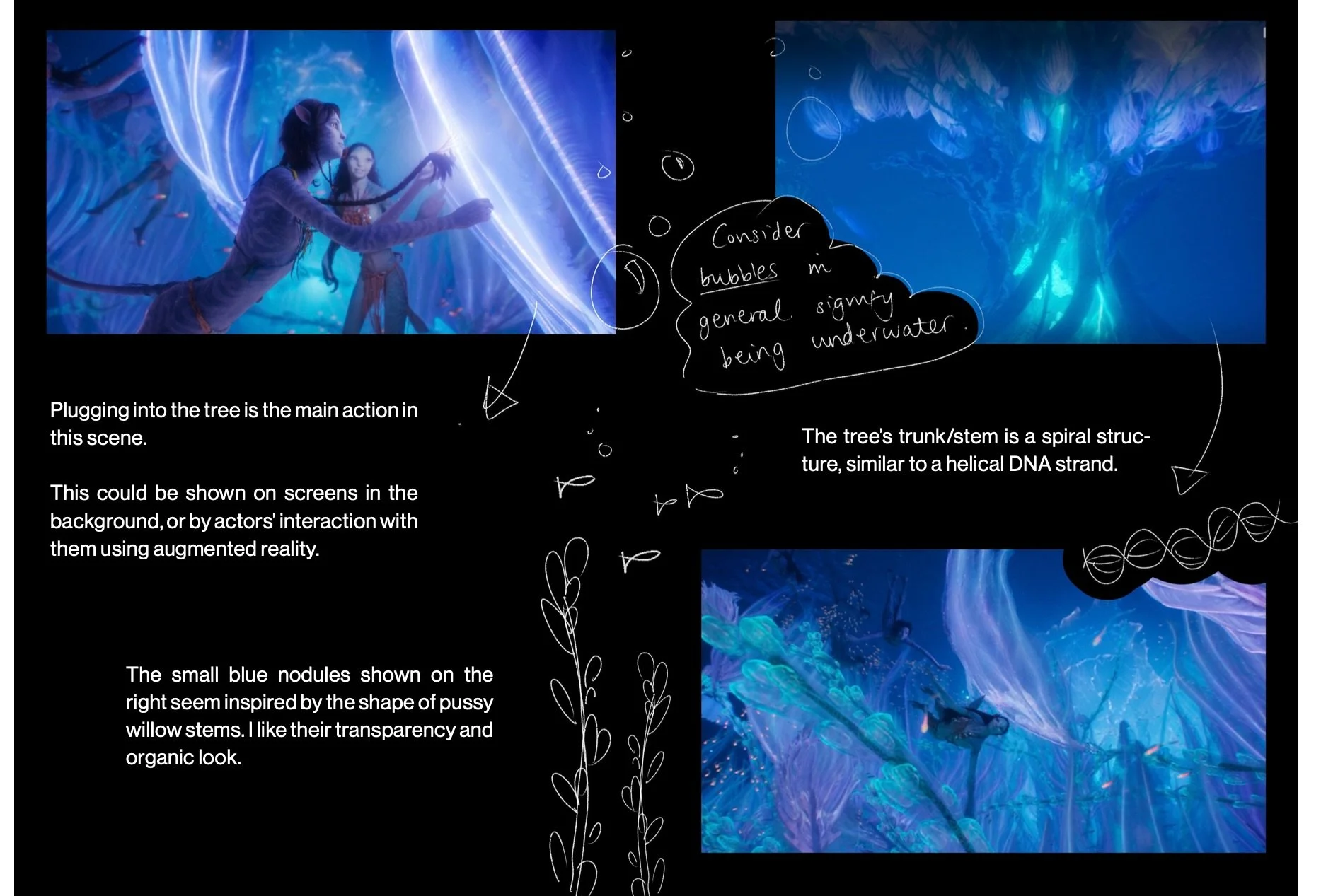 Visual research and thumbnail development board of ‘Cove of the Ancestors’, for my 'Avatar: The Way of Water' stage design concept. 