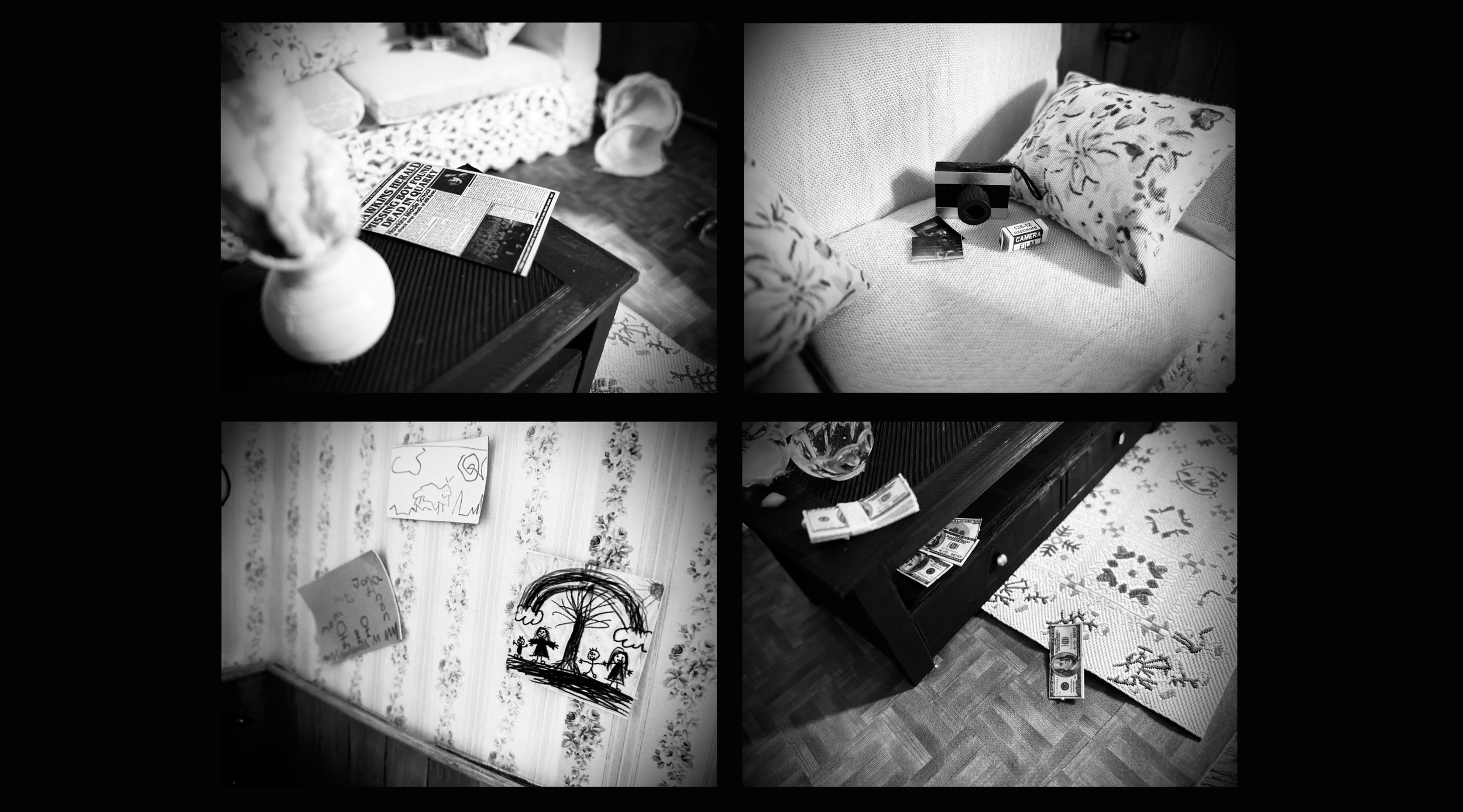 A series of black and white photographs of my scale model, styled to resemble images captured through character Jonathan Byers' 1980s film camera.