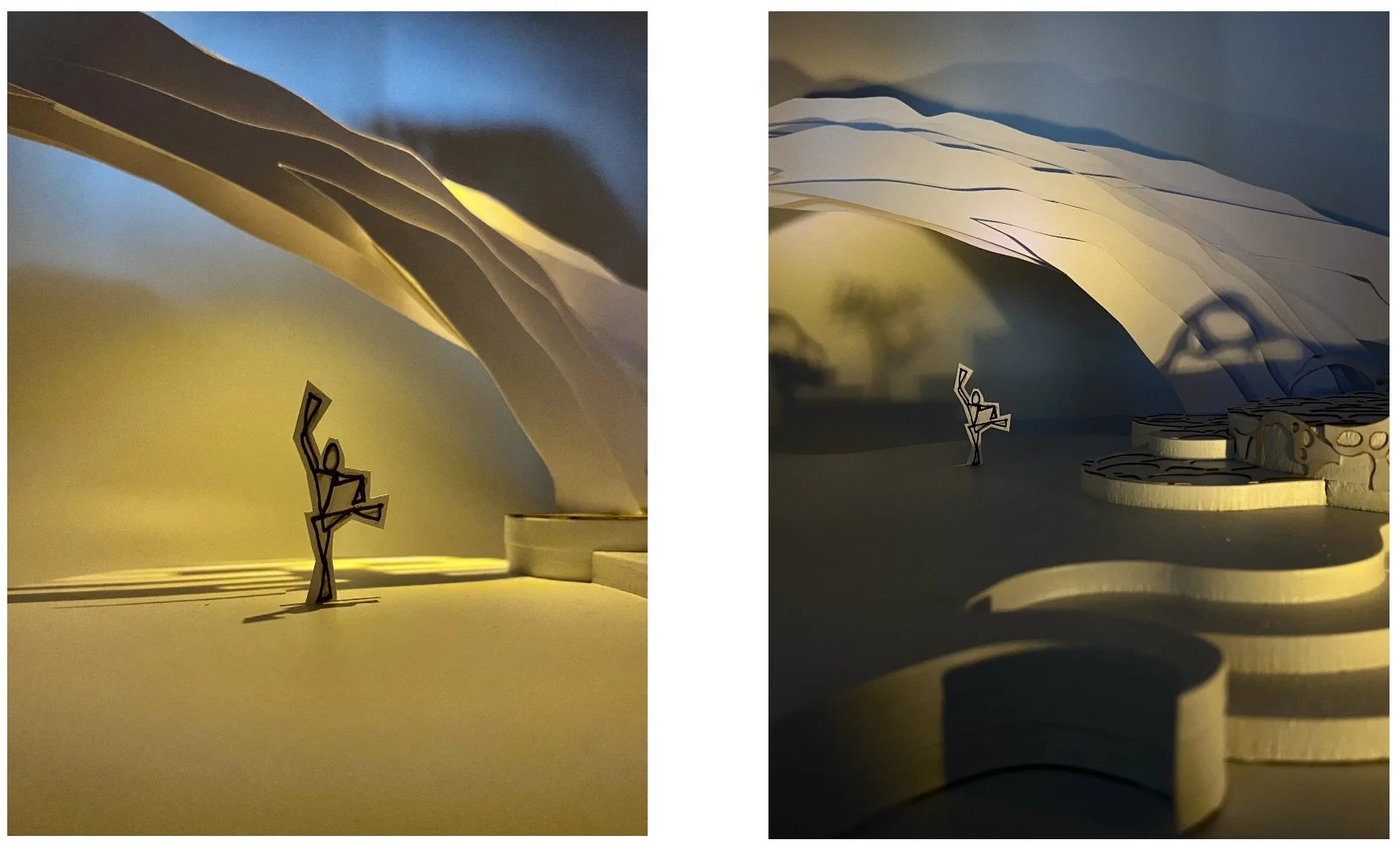 1:50 scale white card model, with proposed lighting design, illustrating my stage design for 'Avatar: Live', a live performance concept based on The Way of Water. 