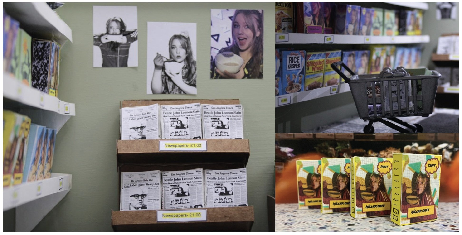 This fun project allowed me to explore how I could design products and create graphics for my scale model of a supermarket, following a 1980s style. This is more illustrative and experimental compared to previous models, and I enjoyed creating the pa