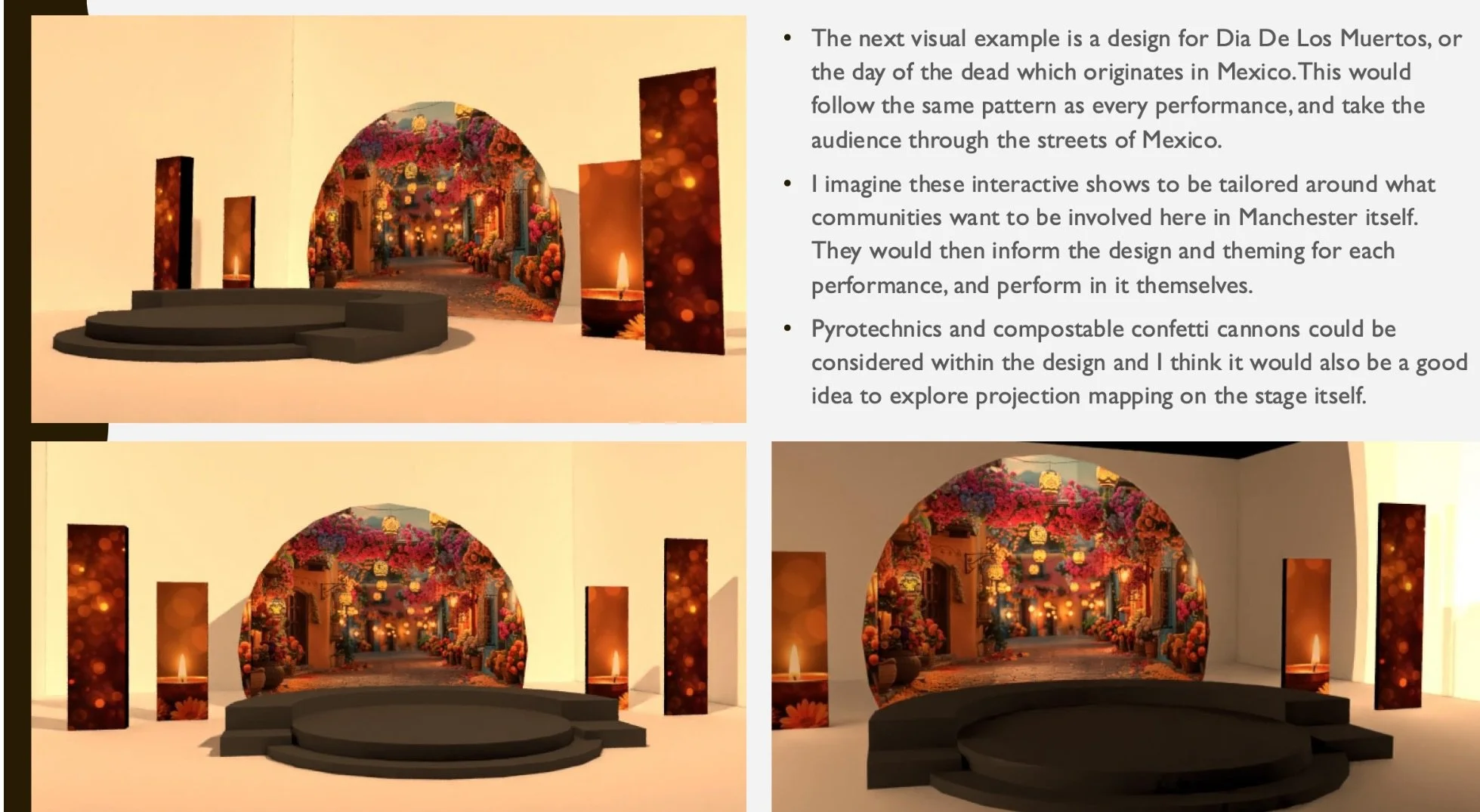 Concept art for Manchester day 2025. A performance stage based on the theme of cultural diversity within the city, showcasing different festivals from around the world. 