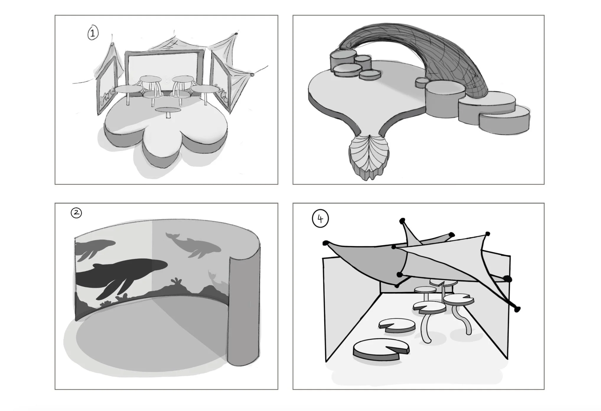 Various digital thumbnails exploring stage design concepts for a live performance based on 'Avatar: The Way of Water'. 