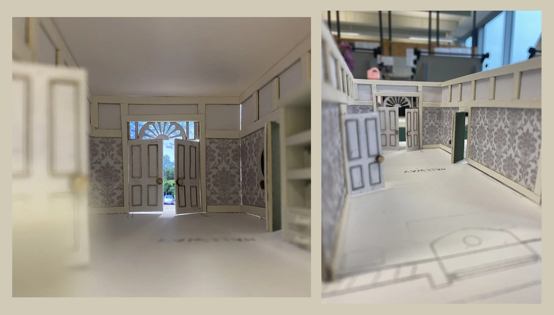 1:50 scale model based on TV drama script, 'The Small Garden'. Victorian townhouse brief, in which I designed and elevated the main hallway. 