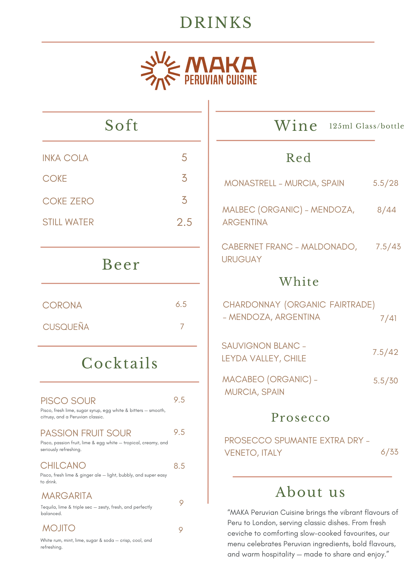 Restaurant menu featuring Peruvian cuisine with drinks, including soft drinks, beer, cocktails, wine, and prosecco, along with a description about the restaurant.