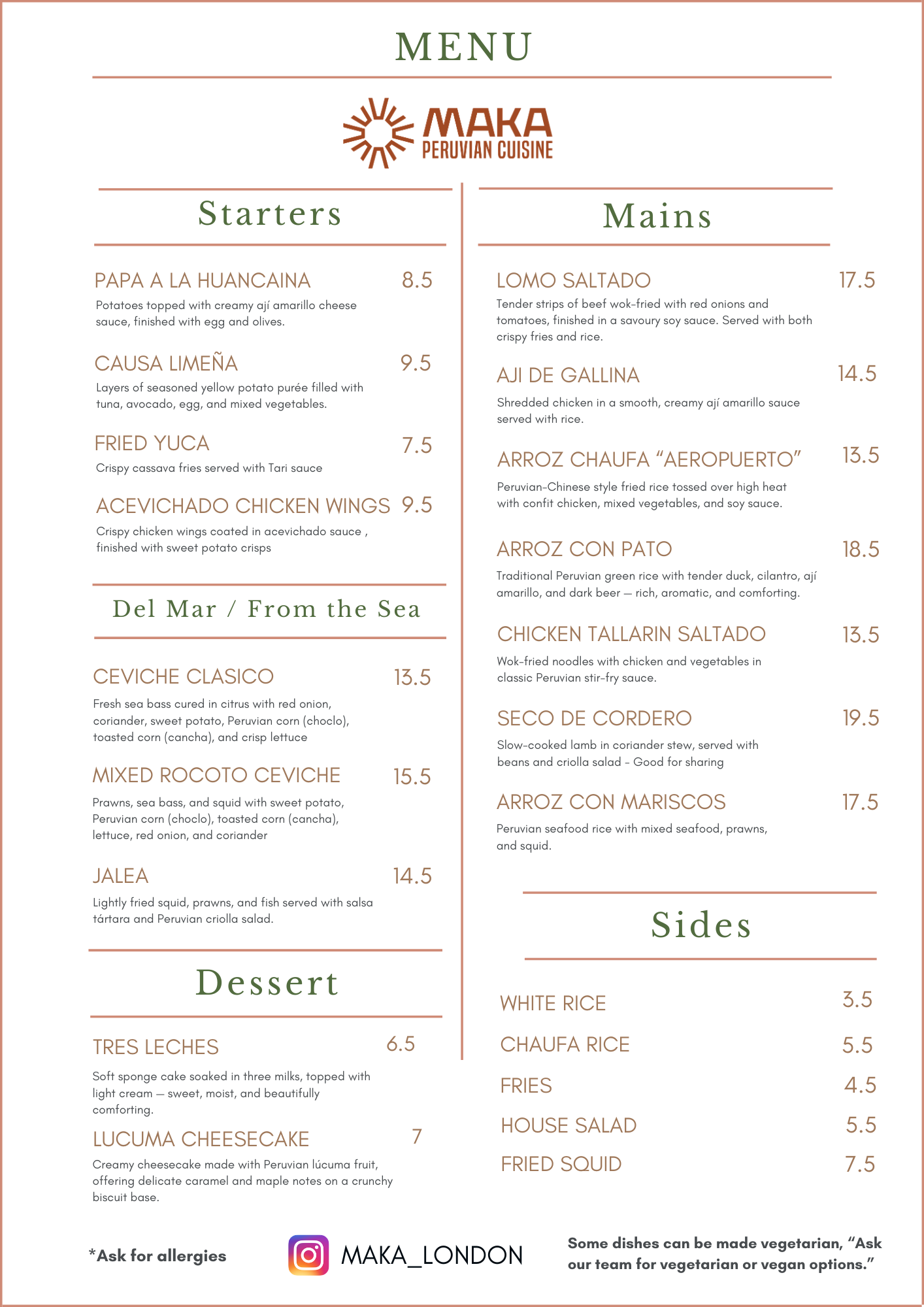 Peruvian cuisine menu from Makar restaurant featuring starters, main dishes, desserts, and sides, with prices listed.