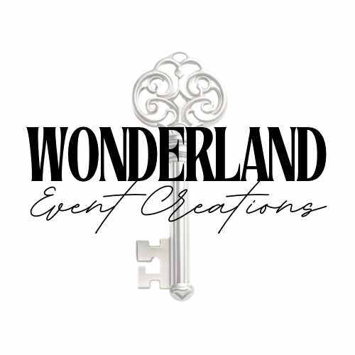 A logo featuring a decorative silver key with a cloud-shaped bow and a simple bit, above the text 'WONDERLAND' in bold black letters and 'Event Creations' in cursive script.
