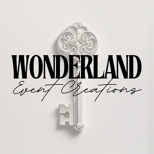 Logo for Wonderland Event Creations featuring a decorative white key with a cloud-shaped top.