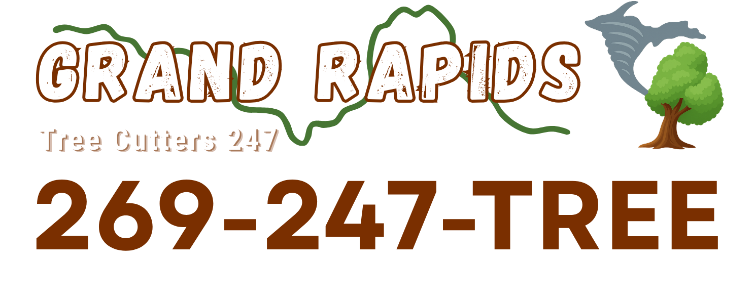 Sign for Grand Rapids Tree Care with phone number 262-277-4777, featuring a tree, an owl, and a shark graphic.