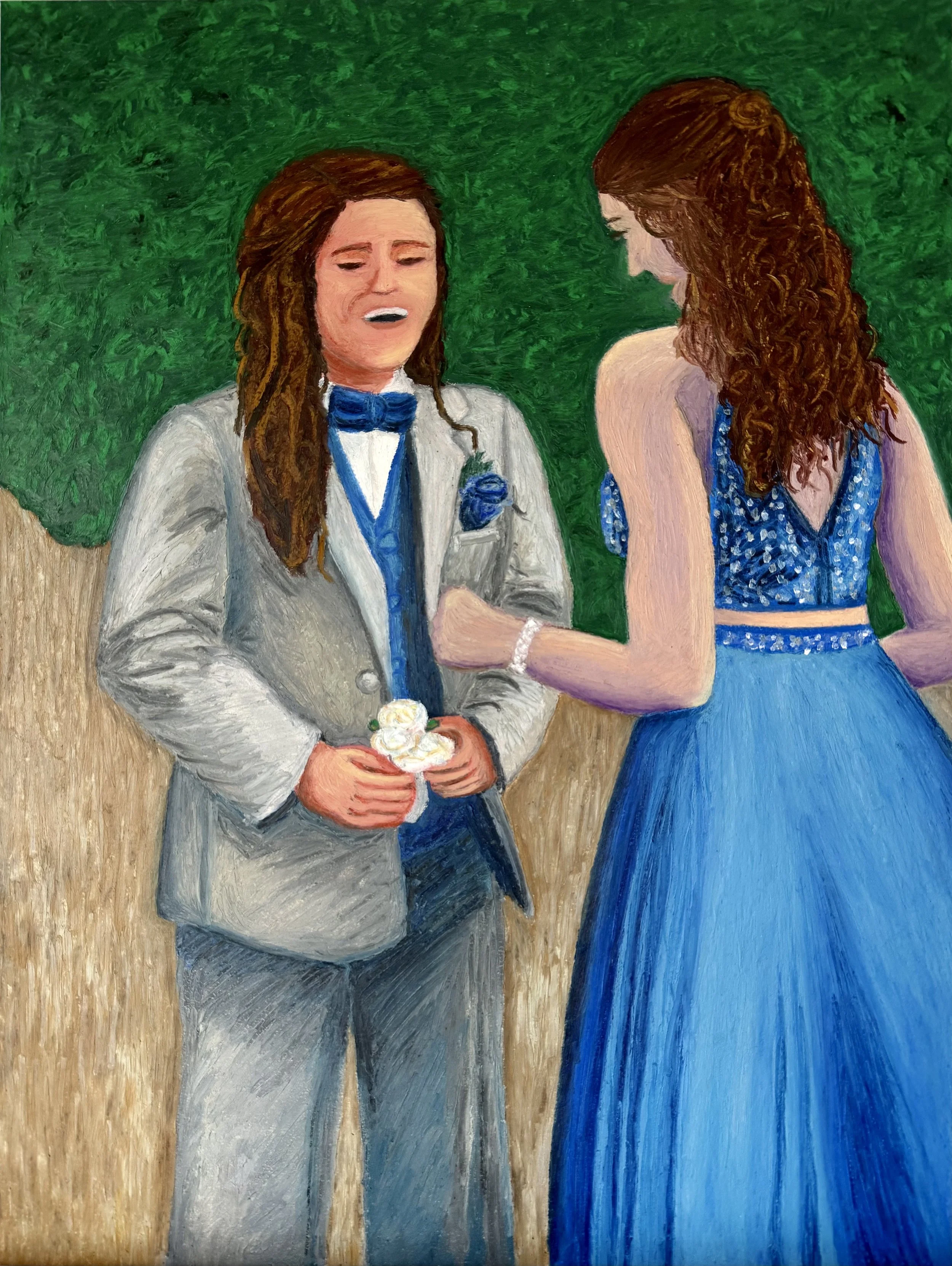 Giving her a corsage,
2026,
Oil pastel on paper mounted on panel,
18 x 24 inches