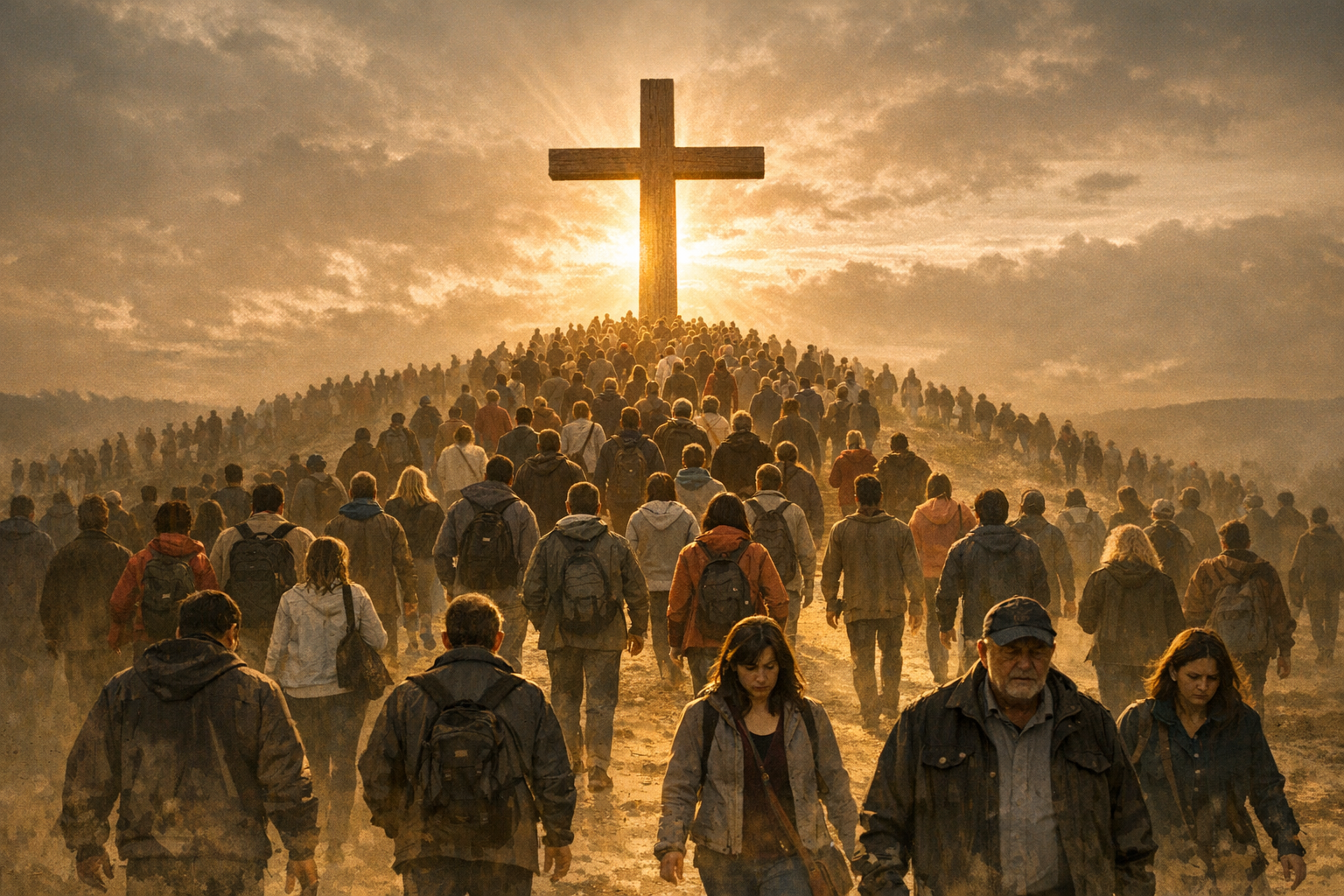 Muchas personas caminando hacia un gran árbol de cruz en una colina, con el sol brillante detrás, en un ambiente al atardecer o amanecer