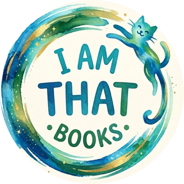 Colorful watercolor-style illustration of a circular logo with a green and blue rainbow border. Inside, it says "I AM THAT BOOKS" with a smiling, animated blue and green cat leaping over the text.