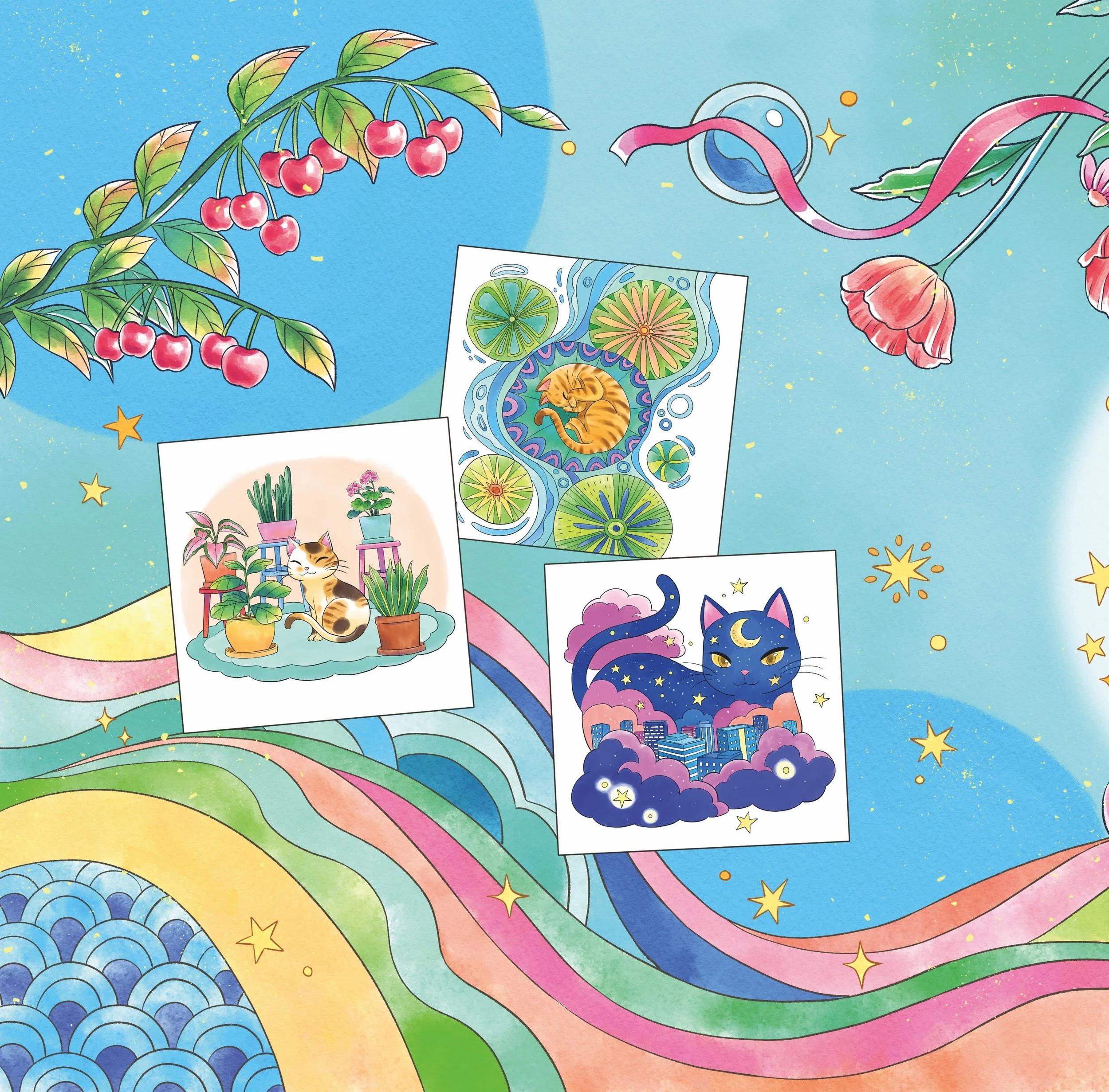 Colorful illustration featuring cards with nature and animal themes, including potted plants, a cat, a moon, and stars, on a vibrant background with rainbows and cosmic elements.