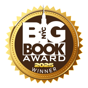 Gold medal-shaped award badge for the Brooklyn Book Award 2025 winner, featuring prominent text and a clock tower icon.