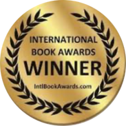 Gold circular award badge with black laurel wreath border, 'International Book Awards Winner' text, and website URL intbookawards.com at the bottom.