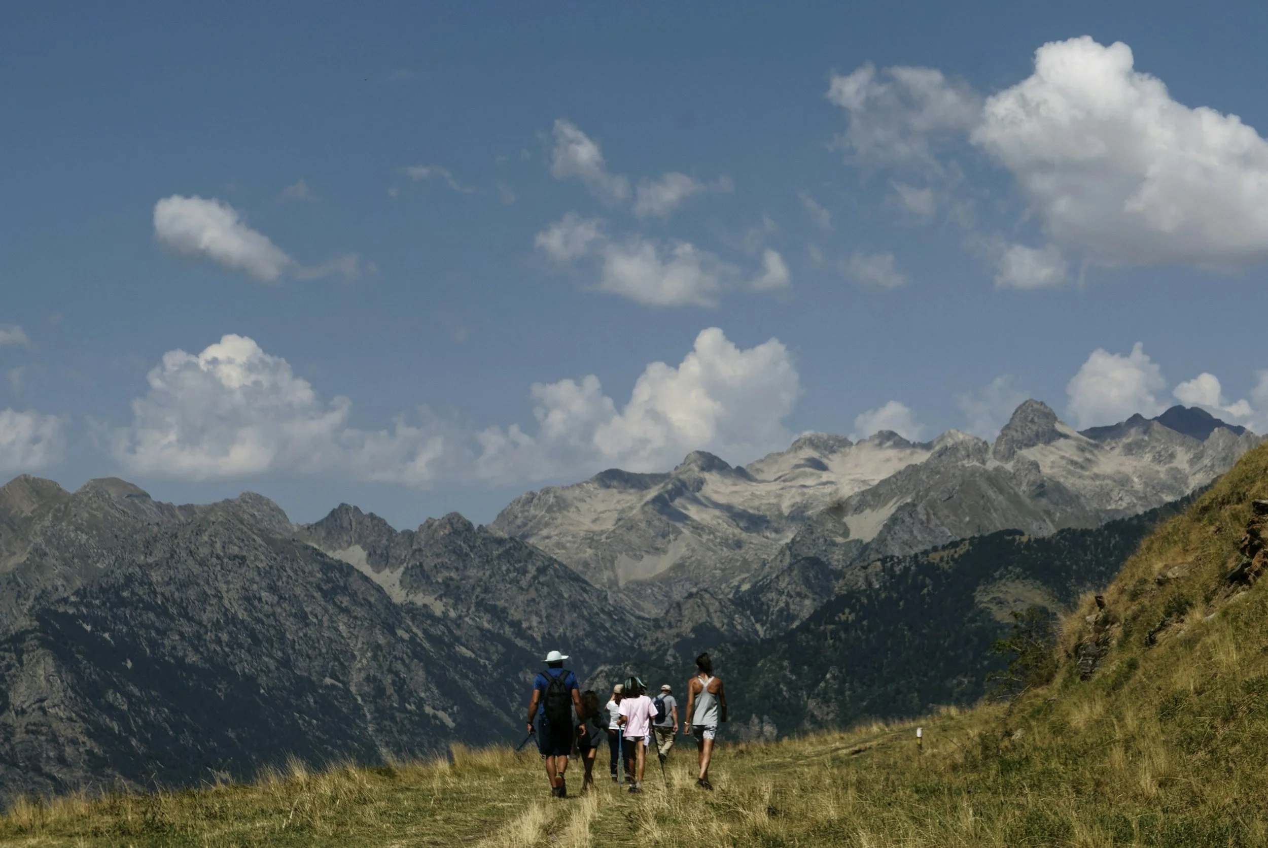 A group of hikers walking through a grassy mountain trail with rugged mountains and a blue sky with scattered clouds in the background.