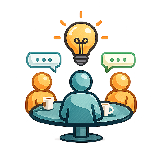 Illustration of three people sitting around a table with a large lightbulb above them, symbolizing ideas and discussion.