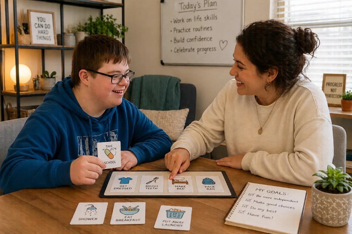 A young boy and a woman are sitting at a table, smiling and working on a clothing and daily routine sorting activity with picture cards. The boy is holding a card that says 'Take a pill' with a pill illustration, and the woman is pointing to a card that says 'Make bed' with a bed illustration. There are additional cards on the table titled 'Shower,' 'Eat breakfast,' and 'Put away laundry.' A whiteboard in the background lists today's plan, including activities like practicing routines and celebrating progress. A notebook titled 'My Goals' is on the table, with a plant in a pot nearby.
