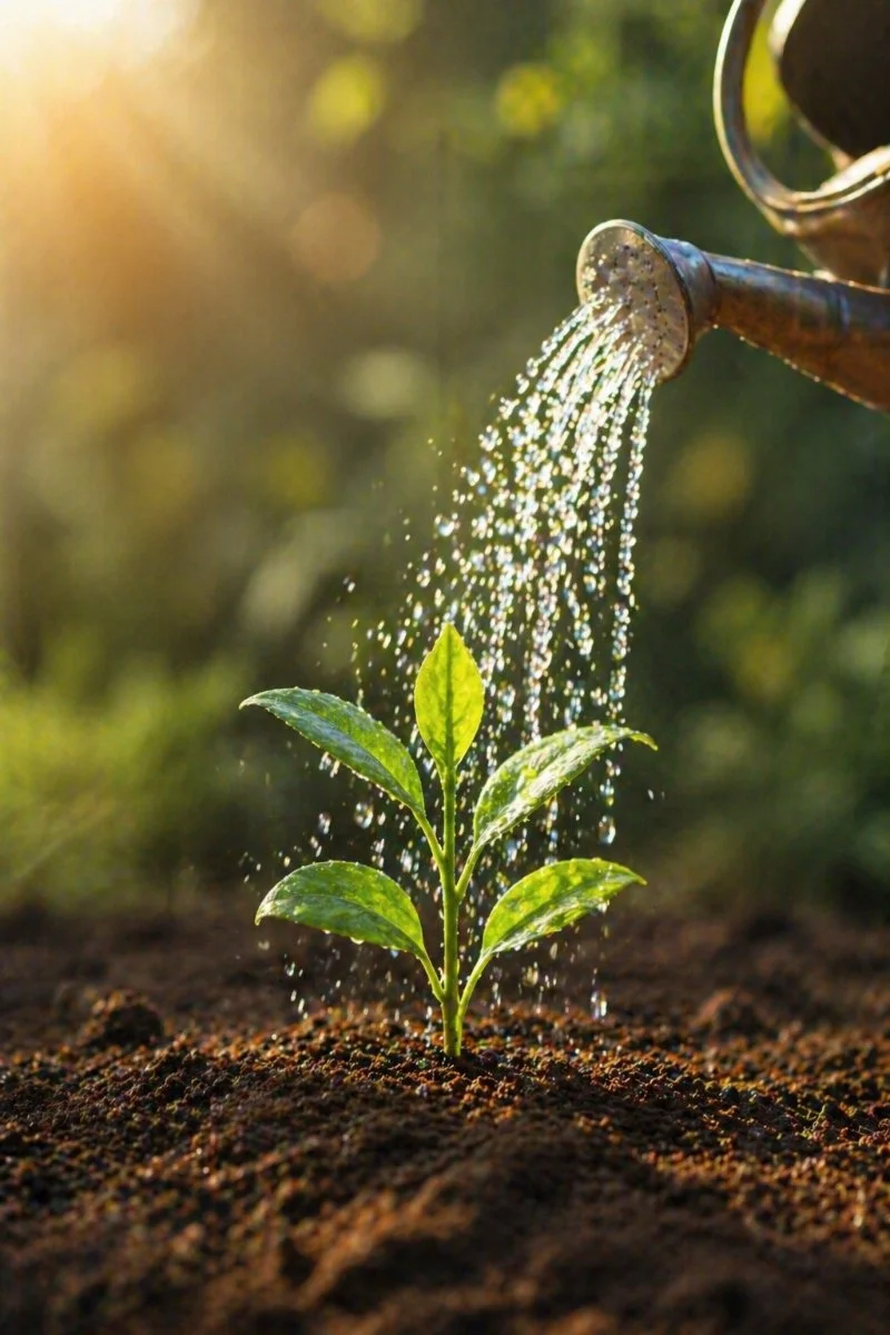 A small green plant growing in soil, being watered with a watering can as sunlight shines in the background.
