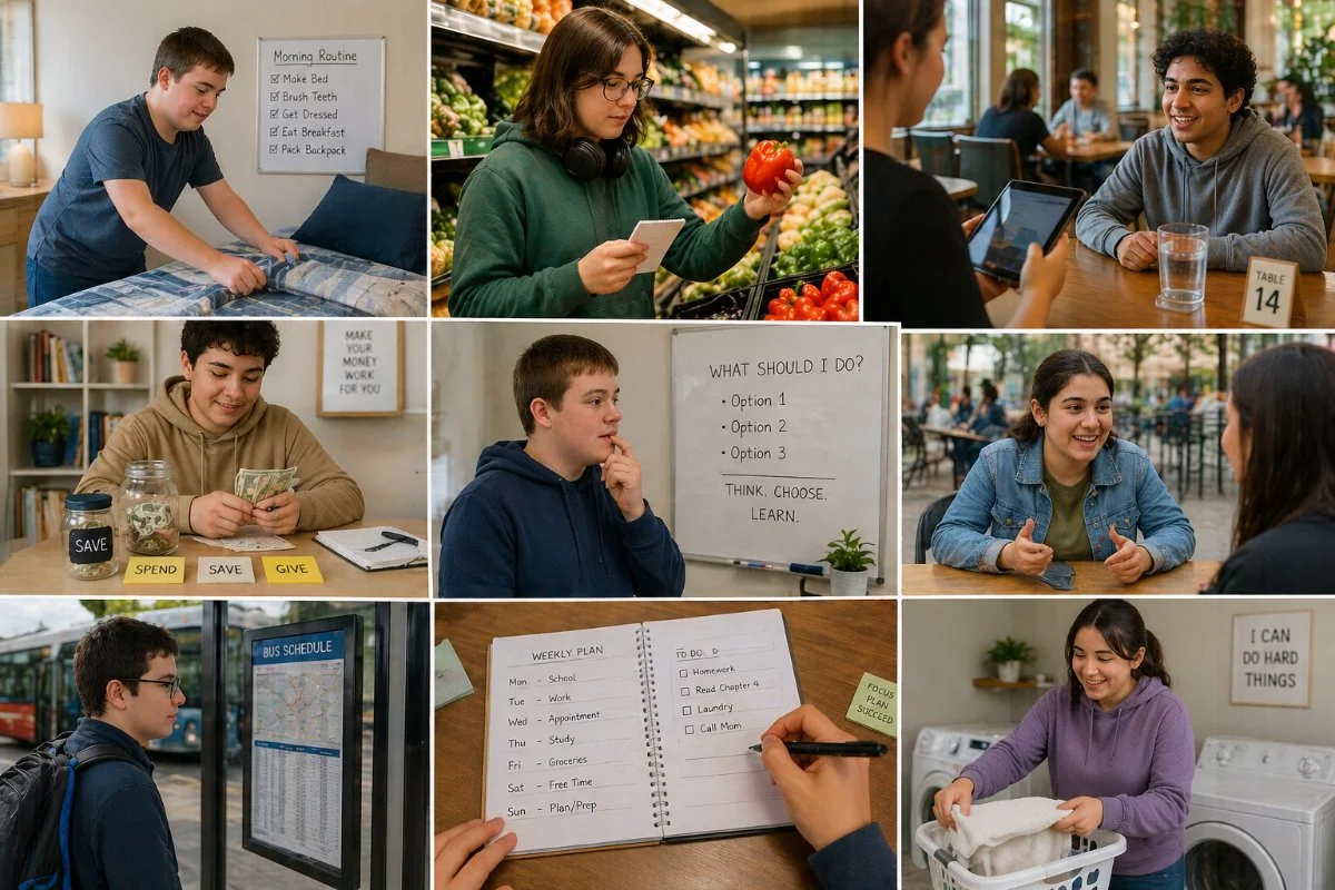 Multiple teenagers and young adults engaging in various activities: making a bed, shopping for produce, having a meal, managing money, thinking at a whiteboard, talking outdoors, checking a bus schedule, planning a weekly schedule, and doing laundry.